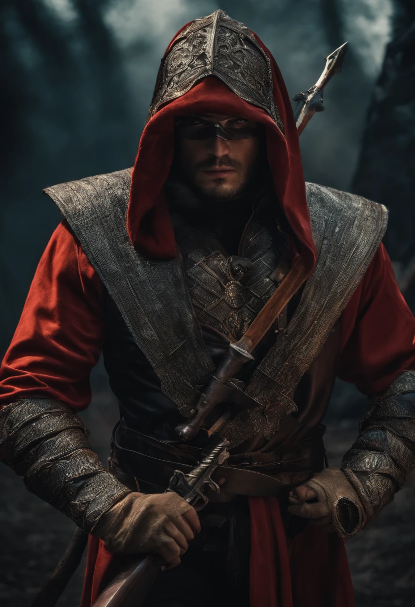 Realistic, 4k, Anjos com asas grandes, roupas pretas, uma espada, Hood on head in war background image (caos)