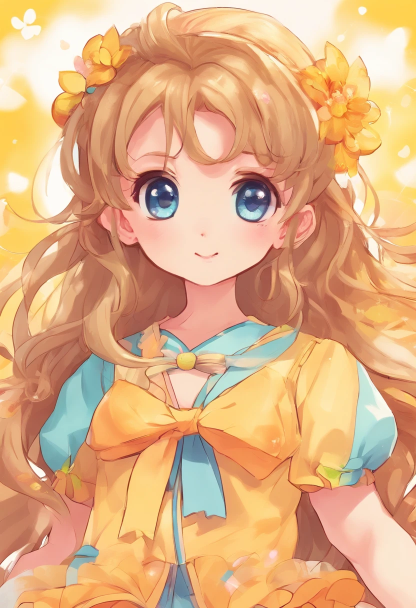 daughter with dark blonde hair and light blue eyes wearing a yellow and peach dress