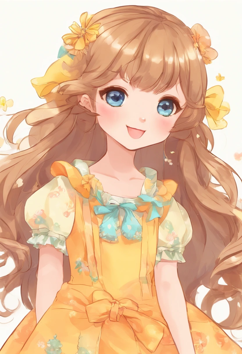  daughter with dark blonde hair and light blue eyes wearing a yellow and peach dress