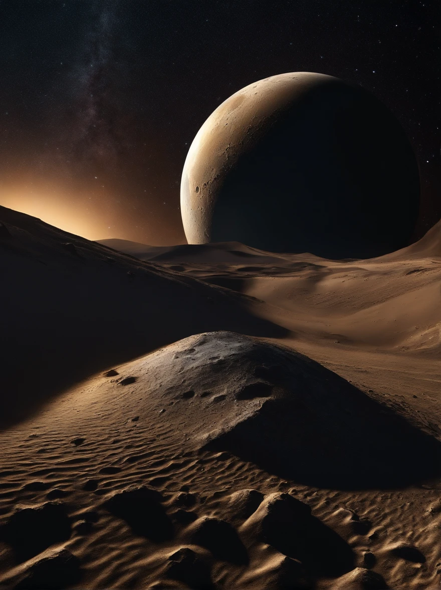 craters，golden colored，Gold ore，An ore，closeup cleavage，the detail，HD details，Master parts、Superior quality、Superior image quality、8K quality、Beautiful picture of the starry sky、magnifica、arching milkyway:1.25、Alafard view of Earth as seen from the lunar surface:1.9, Lunar surface, space photo, On the moon, lunar backdrop, lunar backdrop, On the moon, Lunar soil, space photo, moon crash into earth, The moon hits the earth, moonscape, The Moon orbits other moons, focus on the moon, on moon, number々craters:1.9