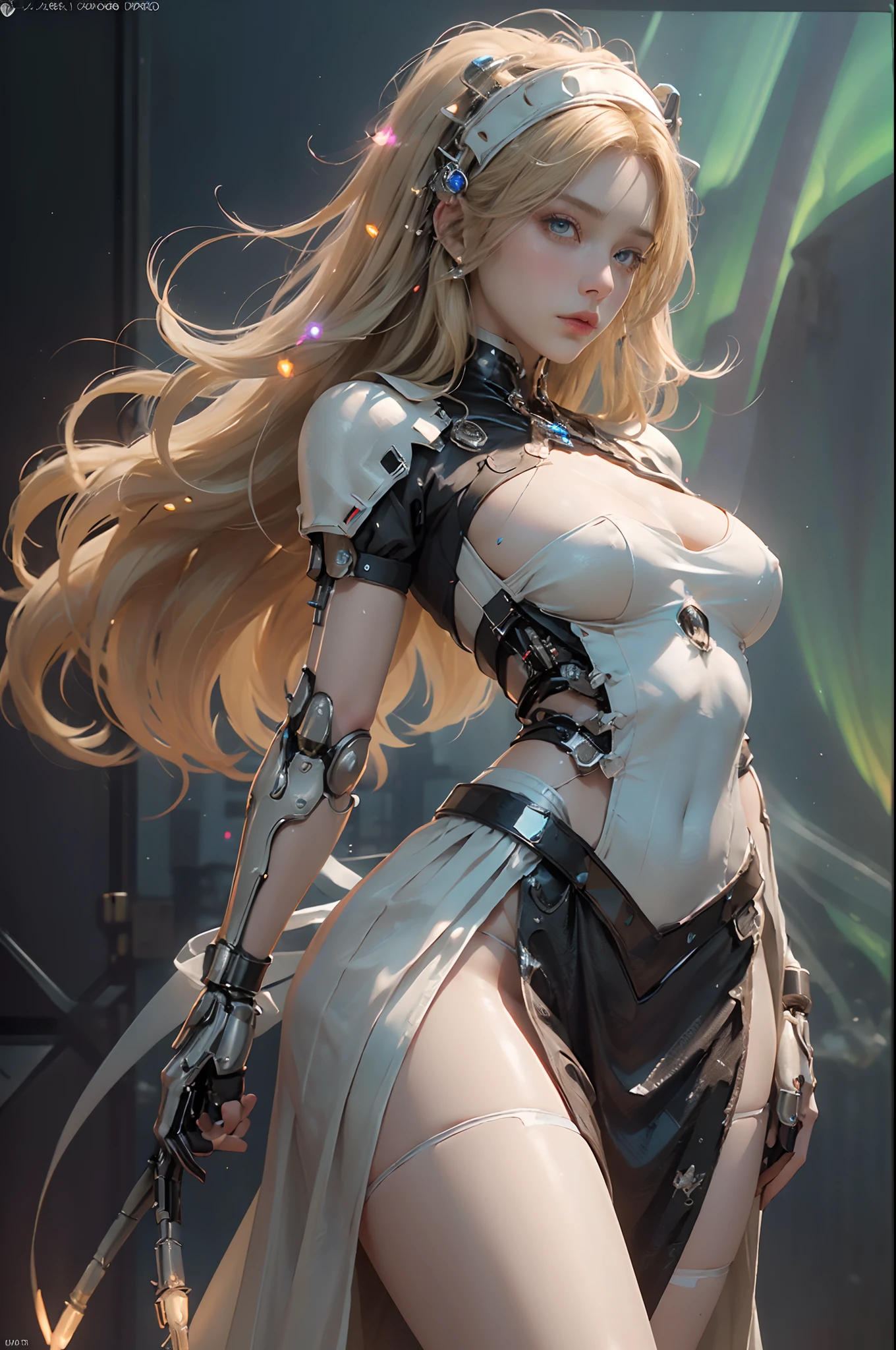 ((of the highest quality)), ((​master piece)), (detail:1.4), (((Tall Woman))), (((Translucent with mechanical parts and transparent skin++Aurora Material++with  the++Black Carbon Material++Beautiful woman in cybermaid outfit in long skirt made of))), Glowing pale with LEDs, ((Wide open chest)),  Ticker (High dynamic range), Ray tracing, NVIDIA RTX, Super Resolution, Subsurface Scattering PBR Texturing, Post-processing, Anisotropy Filtering, depth of fields, Surface Shading, Accurate simulation of light/Material Interaction, perfectly proportions, Two-tone lighting, Wide aperture, Low ISO, White Balance, 8K, (((garterbelts))), NSFW, 25 year old woman, (Cyber headgear headdress with dull glowing LEDs: 1.3), (gargantuan butt: 1.0), It features a simple, Minimalistic bright space, cowboy  shot, Natural pose, Looking down, Dull bangs, (((Beautiful blonde long hair))), ((British Victorian maid outfit))