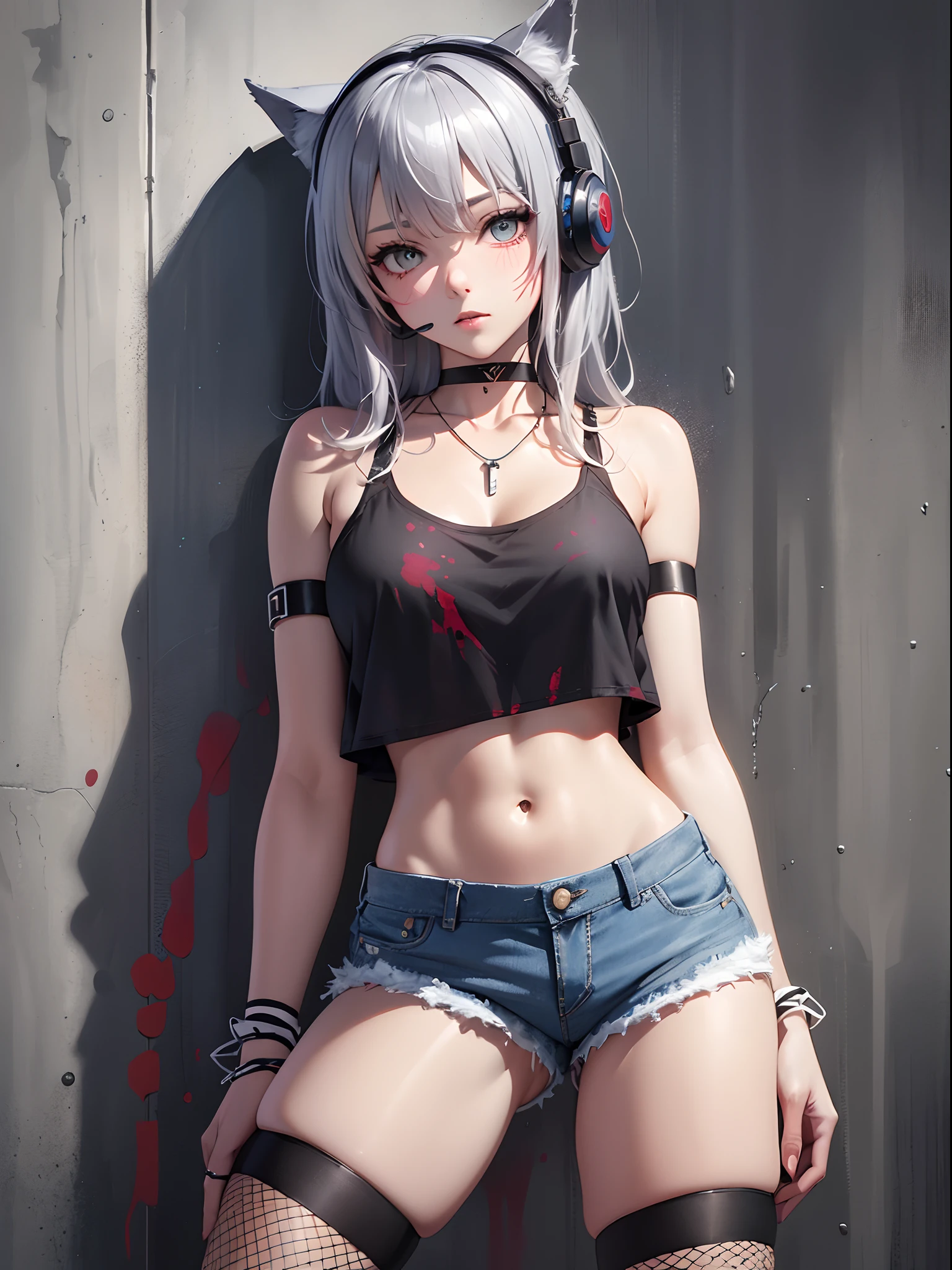 Masterpiece, Best quality, Sexy 1 girl, Solo, Crop top, Denim shorts, choker necklace, (scribbles:1.5), paint splatter, arms back behind, against a wall, view the viewer, Armband, thigh band, Paint on the body, Head tilt, Bored, Spiral gray hair,, headset on head,Silver Wolf(1.5),fishnet stockings