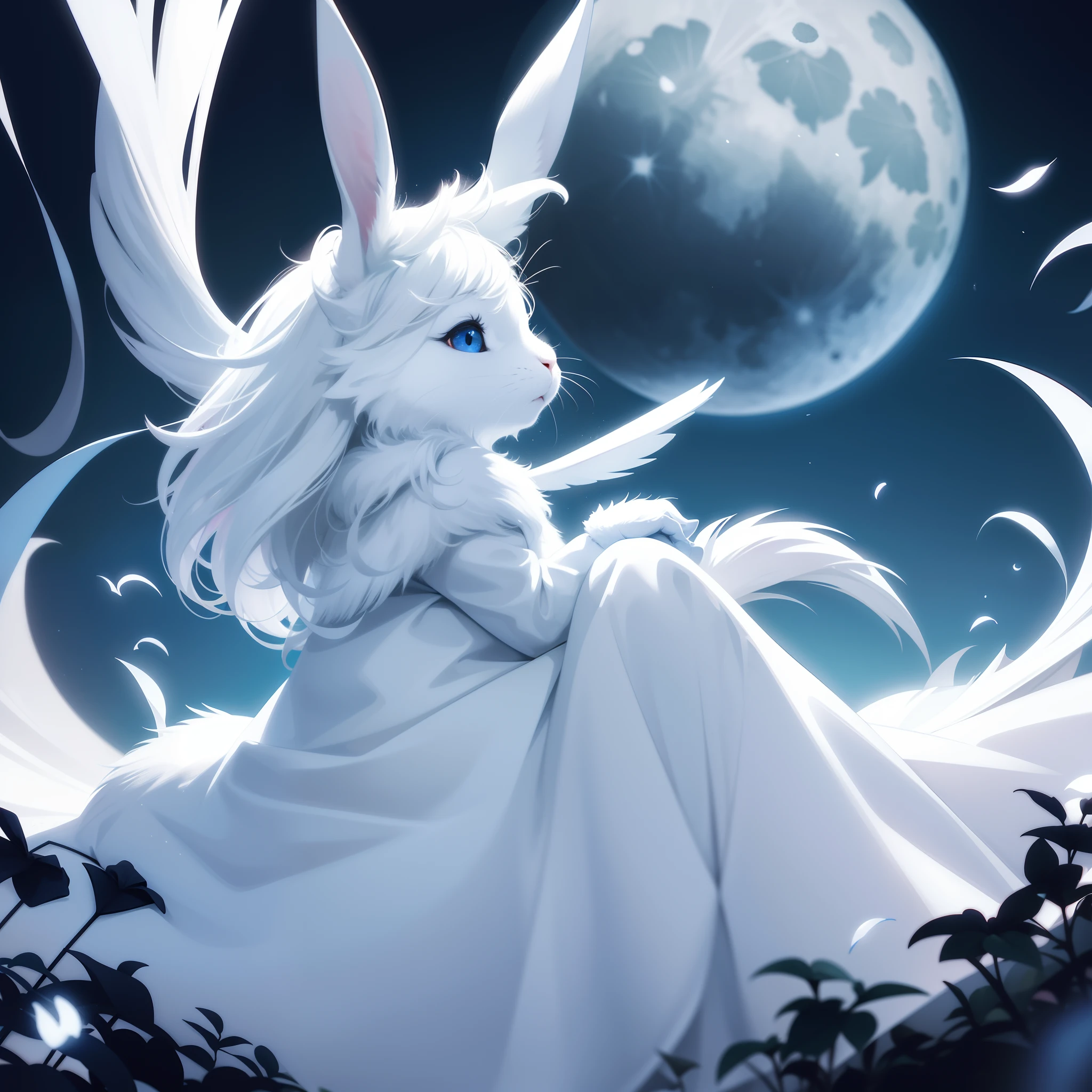White rabbit looking up at the full moon,Negative space composition