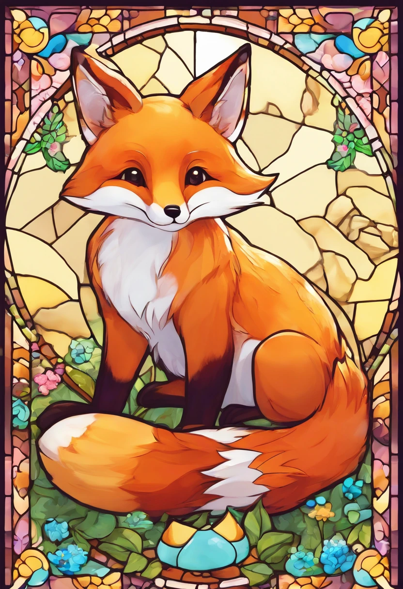 2D Stained glass soft, pastel colors, hydrangnea garden with a fox sitting in the middle, fox is facing forward towards the viewer, symmetrical design, in the style of stained glass Digital stained glass style.