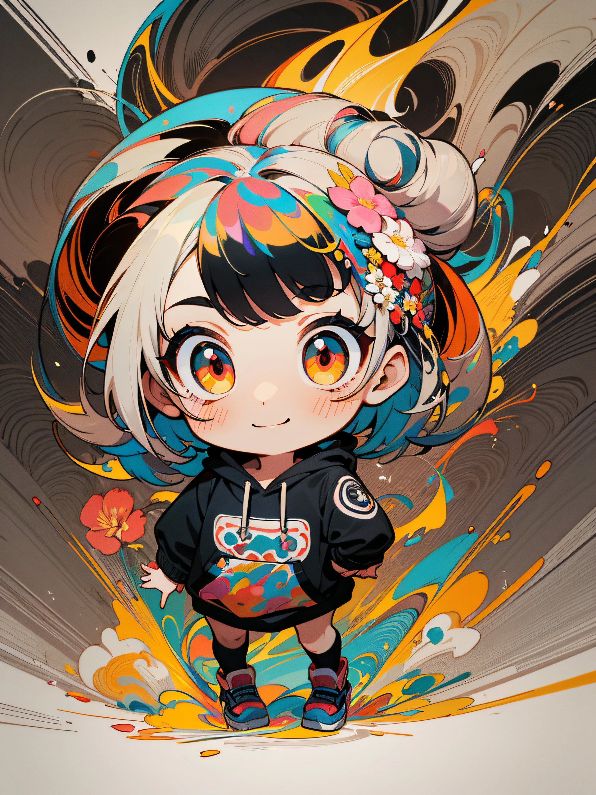 masterpiece, ultra-high quality, ( ultra detailed original illustration), ((chibi mode)),( joyful facial expression, red eye, short hair, smile,full body, perfect body), ((street wear,hoodie fashion)), ((flowers sakura)(graffiti)), double exposure, fussion of fluid abstract art, glitch, ( 2d), ( original illustration composition), ( fusion of limited color, maximalism artstyle, geometric artstyle, fire, junk art), yellow theme, background black
