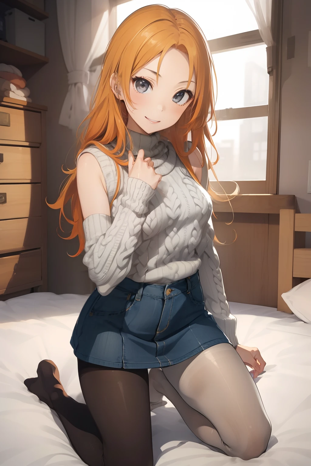 (​masterpiece、top-quality、top-quality、Beautifully Aesthetic:1.2)、1 girl in、ighly detailed、highestdetailed、grey  eyes、orange color hair|Semi-long blonde hair、((Sleeveless knitwear))、((pantyhose))、Matsumoto Rangiku、graffiti art、Look at the viewer、A smile、Bedroom、on the beds、((Denim miniskirt))、((White knitwear))、((Kneeling))、
