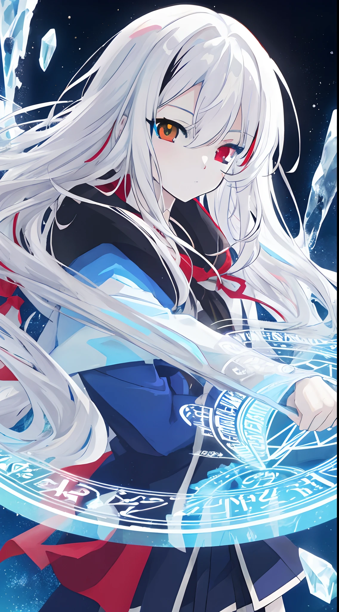 anime girl with long white hair holding a ice sword, ice magic circle, best anime 4k konachan wallpaper, white haired deity, art, anime art wallpaper 8 k, anime style 4 k, ufotable art style, detailed anime art, anime art wallpaper 4 k, anime art wallpaper 4k, white haired, anime wallaper, (((heterochromia, blue and red eyes)))