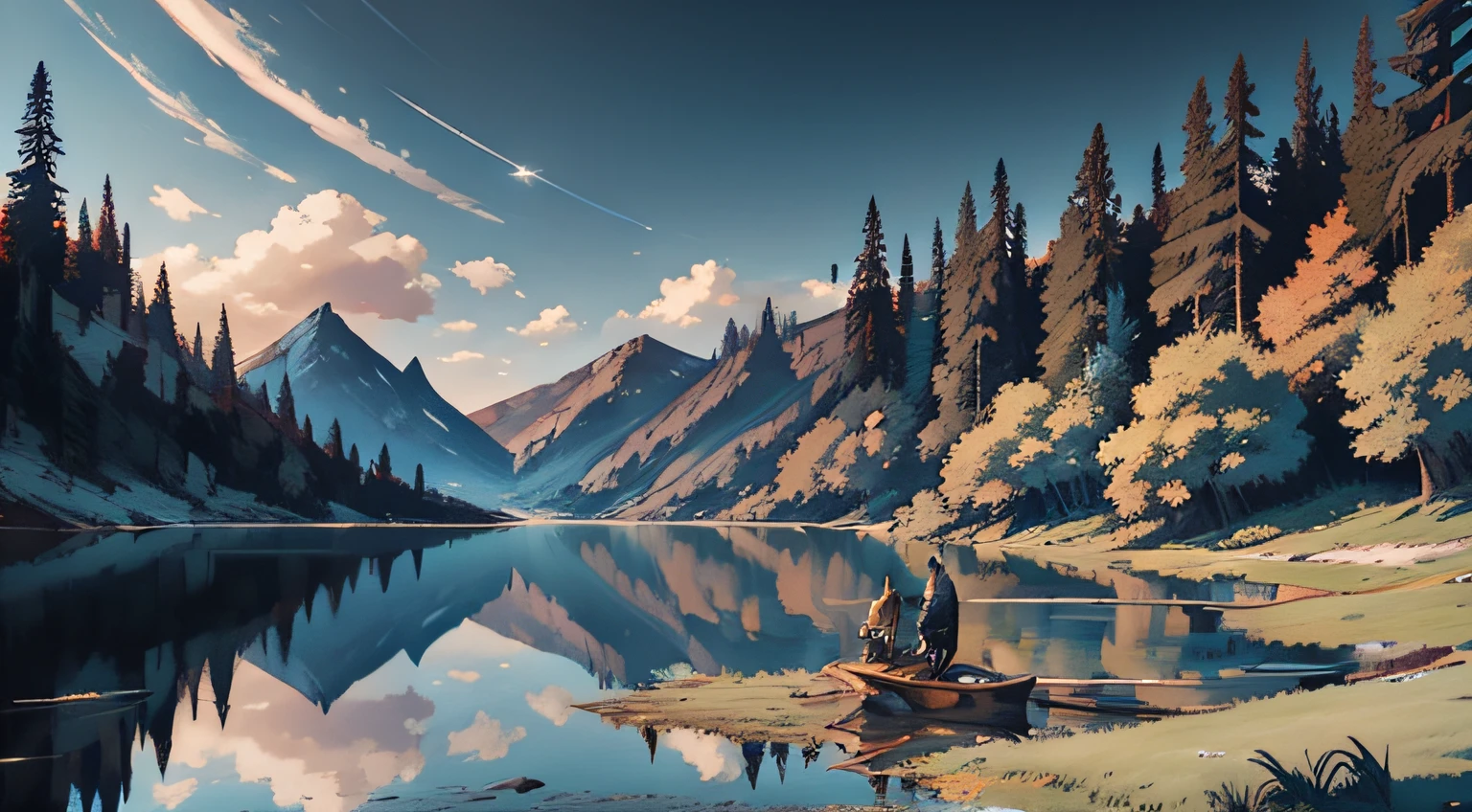 beautiful lake landscape, blues tones, from Brian Froud and Carne Griffiths and Wadim Kashin and John William Waterhouse, 8K post-production, high resolution, hiperdetailed, trending in artstation, sharp-focus, Studio photo, from Greg Rutkowski