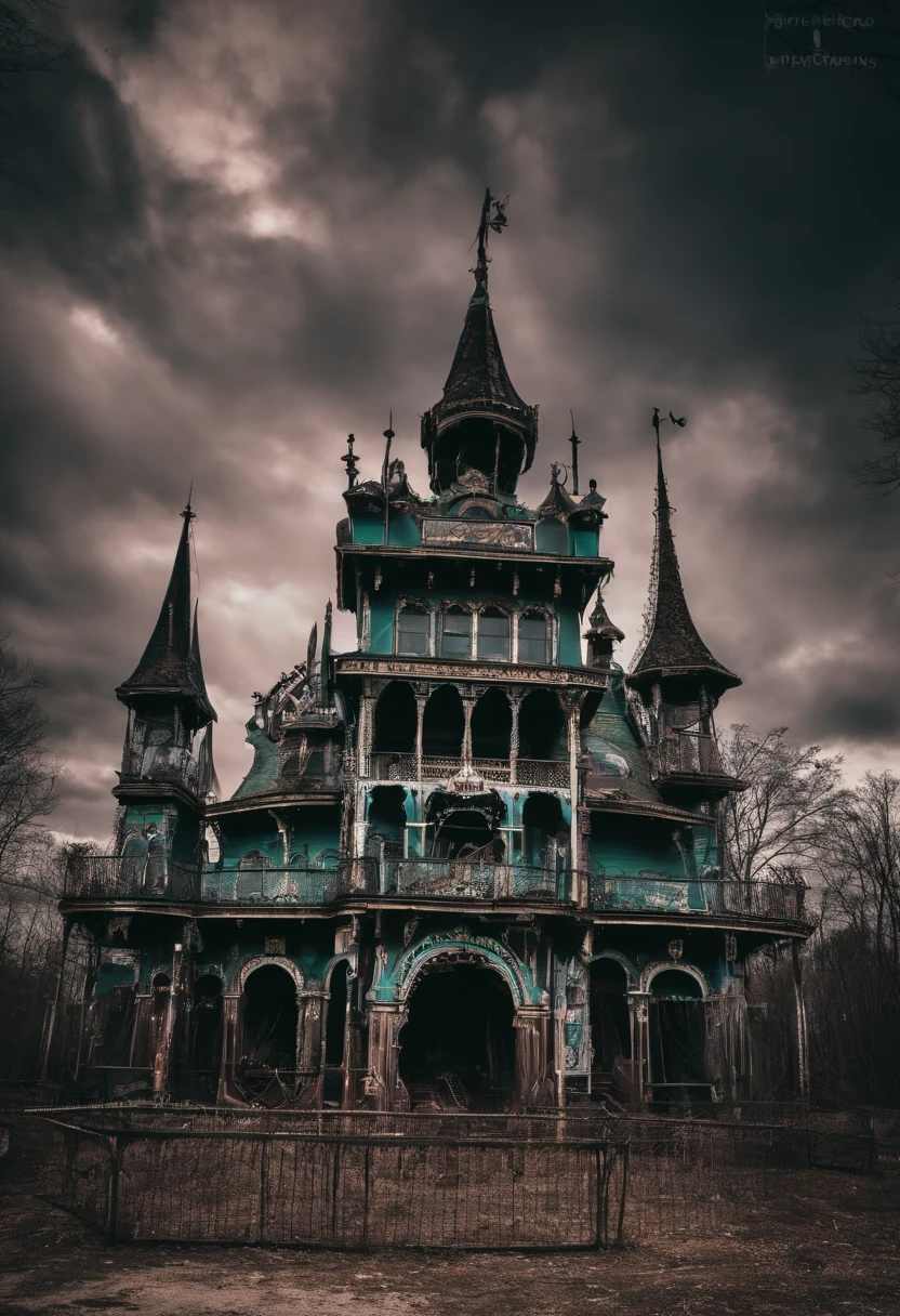 An abandoned amusement park with ooze coming out of the rides