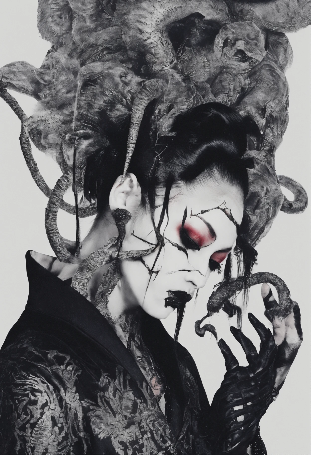 traditional japanese emp eldritch horror geisha Anthropomorphic savage geshia skinhead, hairgoth, emo goth spikey fashion shoot editorial style, Hypebeast ultra fast fashion gang signs with goth emo accessories slithery slimey long snake tongue tongue out
