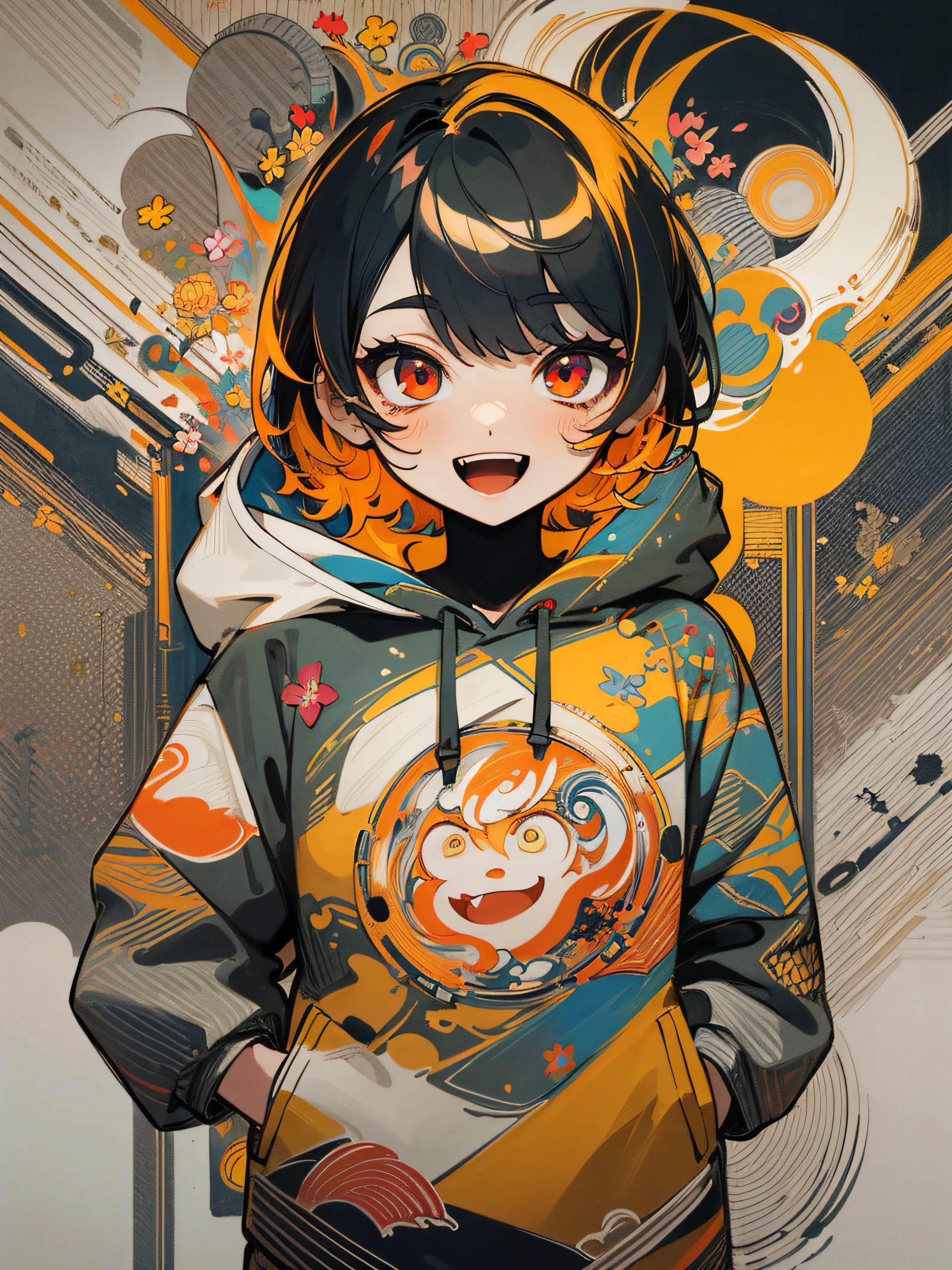 masterpiece, ultra-high quality, ( ultra detailed original illustration), ((chibi mode)),( little girl joyful facial expression, red eye, short hair, smile, open mouth,full body, perfect body), ((street wear,hoodie fashion)), ((flowers sakura)(graffiti)), double exposure, fussion of fluid abstract art, glitch, ( 2d), ( original illustration composition), ( fusion of limited color, maximalism artstyle, geometric artstyle, fire, junk art), yellow theme, background black