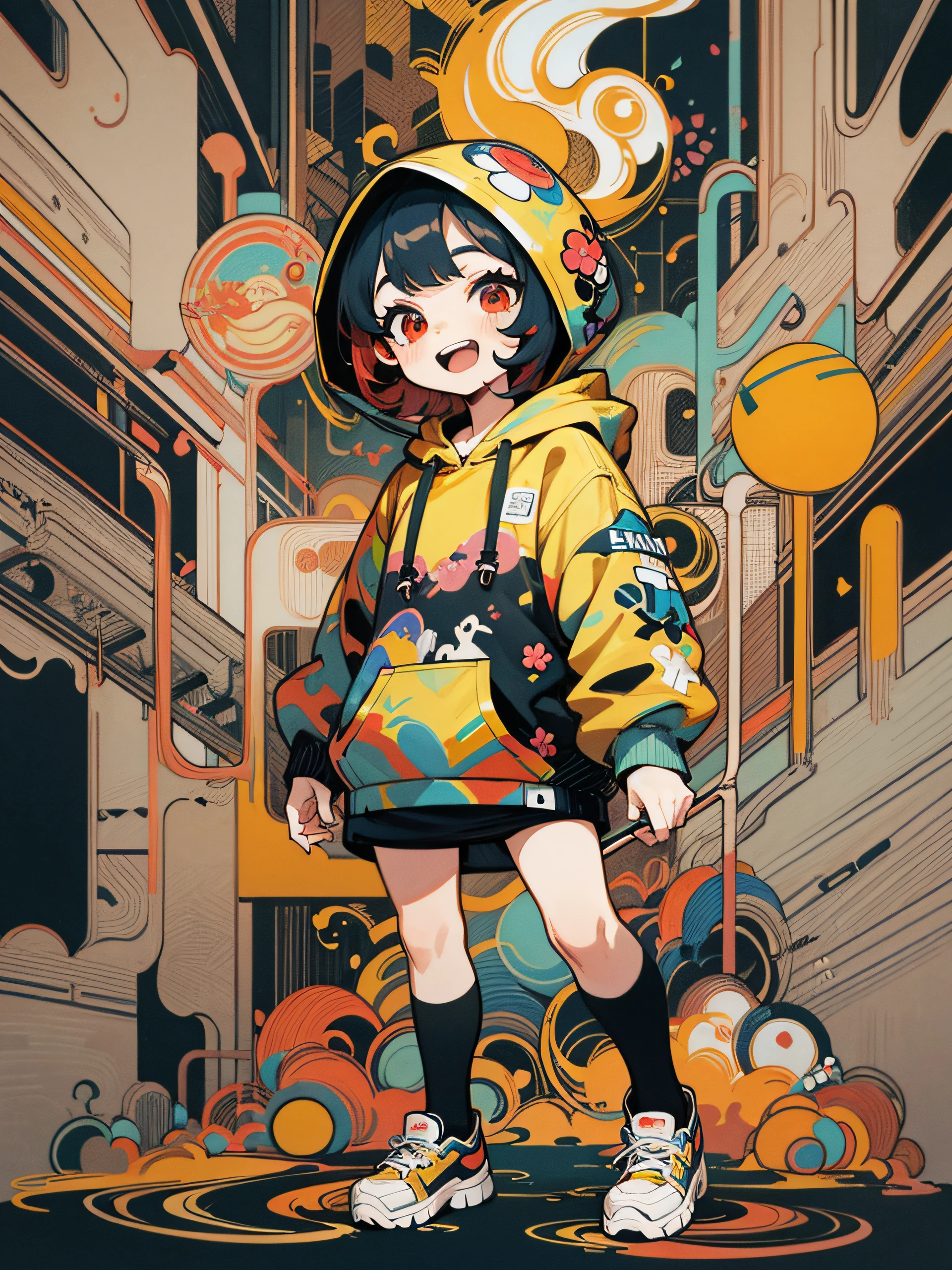 masterpiece, ultra-high quality, ( ultra detailed original illustration), ((chibi mode)),( joyful facial expression, red eye, short hair, smile, open mouth,full body, perfect body), ((street wear,hoodie fashion)), ((flowers sakura)(graffiti)), double exposure, fussion of fluid abstract art, glitch, ( 2d), ( original illustration composition), ( fusion of limited color, maximalism artstyle, geometric artstyle, fire, junk art), yellow theme, background black