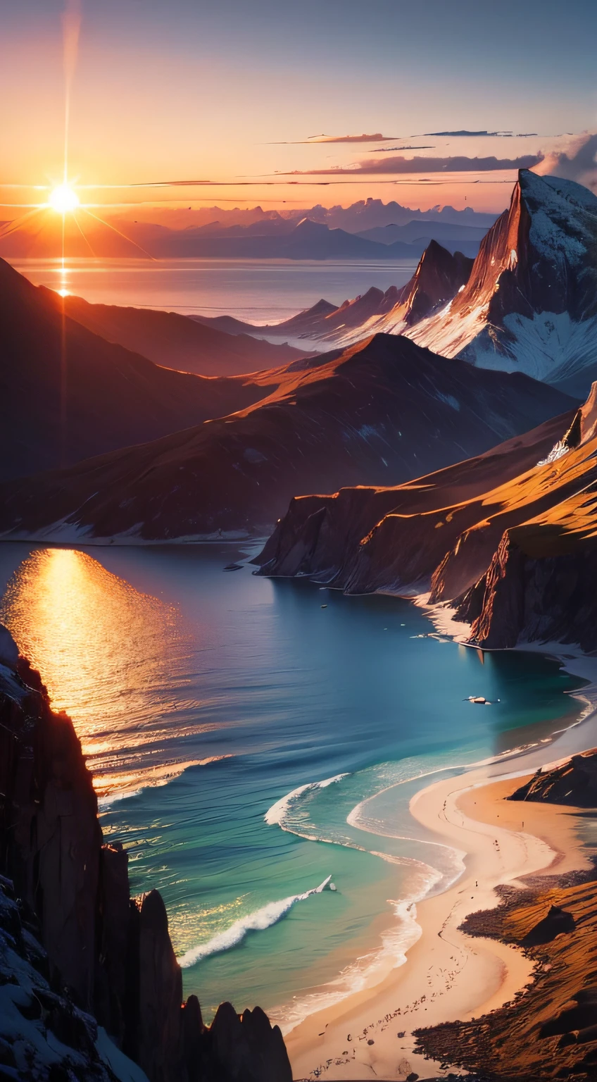 beautiful sun set,sea,mountain,highly detailed,cinematic