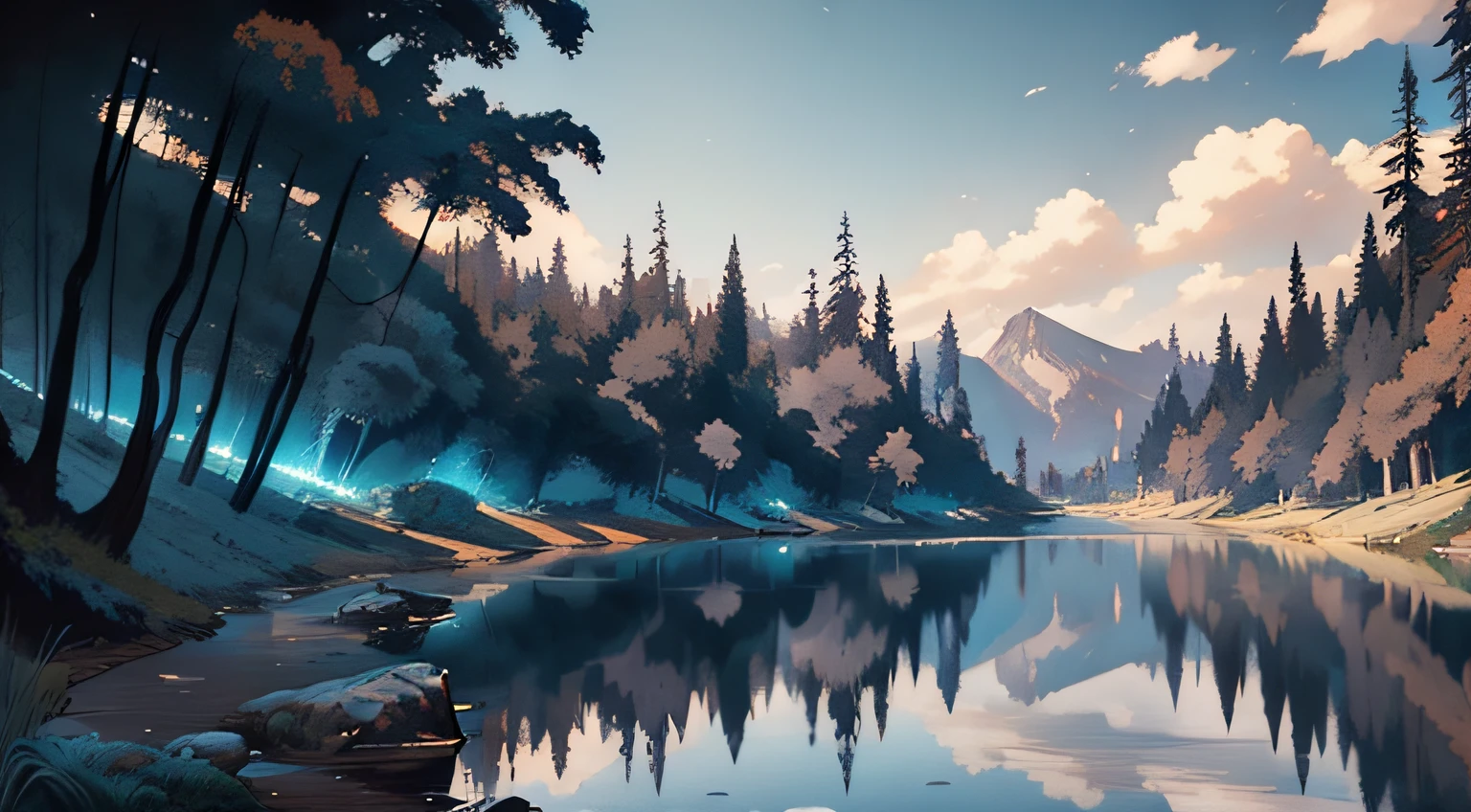 beautiful lake landscape, blues tones, from Brian Froud and Carne Griffiths and Wadim Kashin and John William Waterhouse, 8K post-production, high resolution, hiperdetailed, trending in artstation, sharp-focus, Studio photo, from Greg Rutkowski