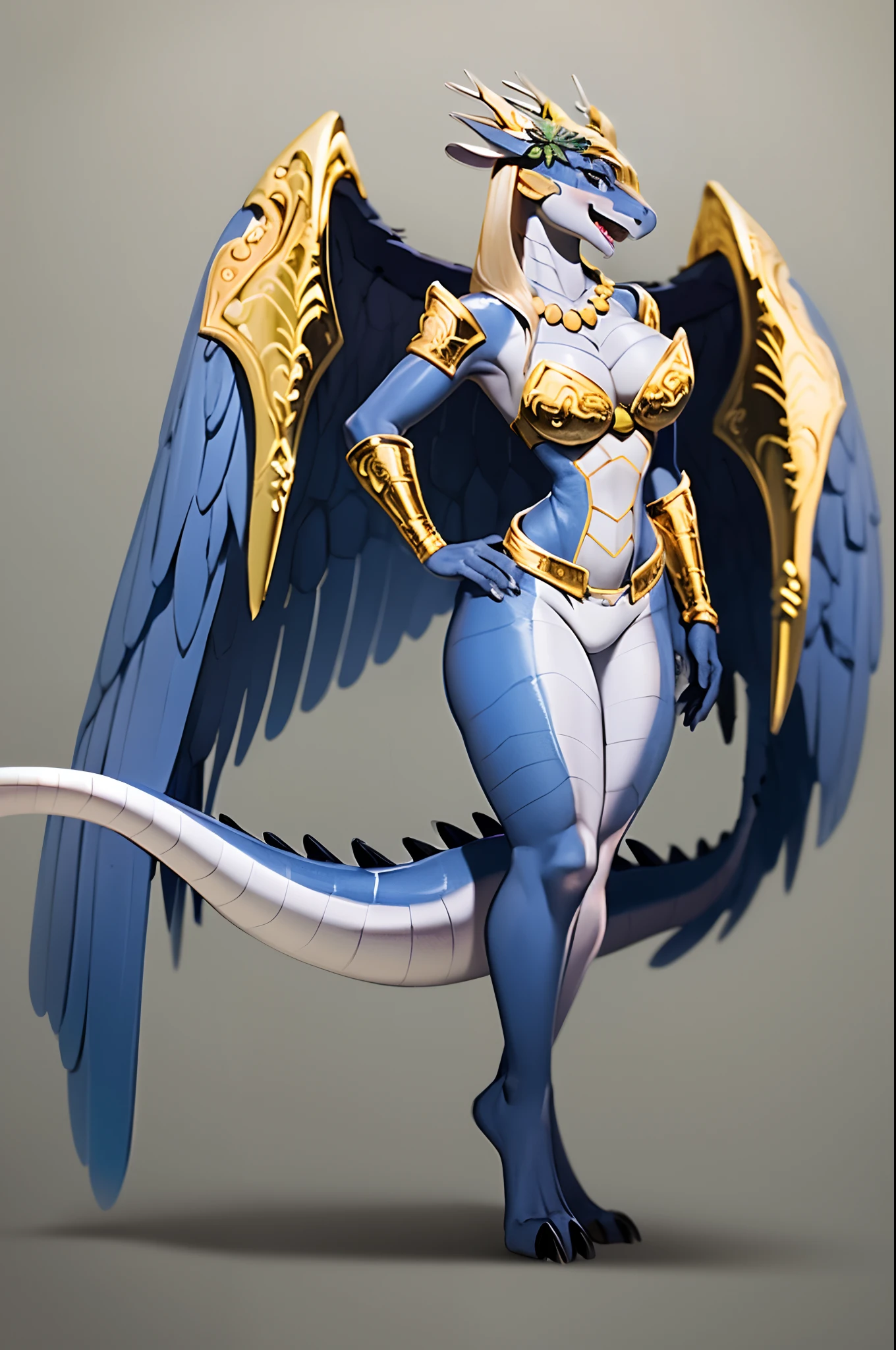 saffira, scalie, female anthro, dragon girl, bikini armor, standing, portrait, tranquil, solo, (best quality), portrait background, medium breasts, dramatic lighting, (detailed scales:1.1), looking at viewer, tail, open mouth, wings, armlet, (bracer:1.1), necklace, standing, full body, flying