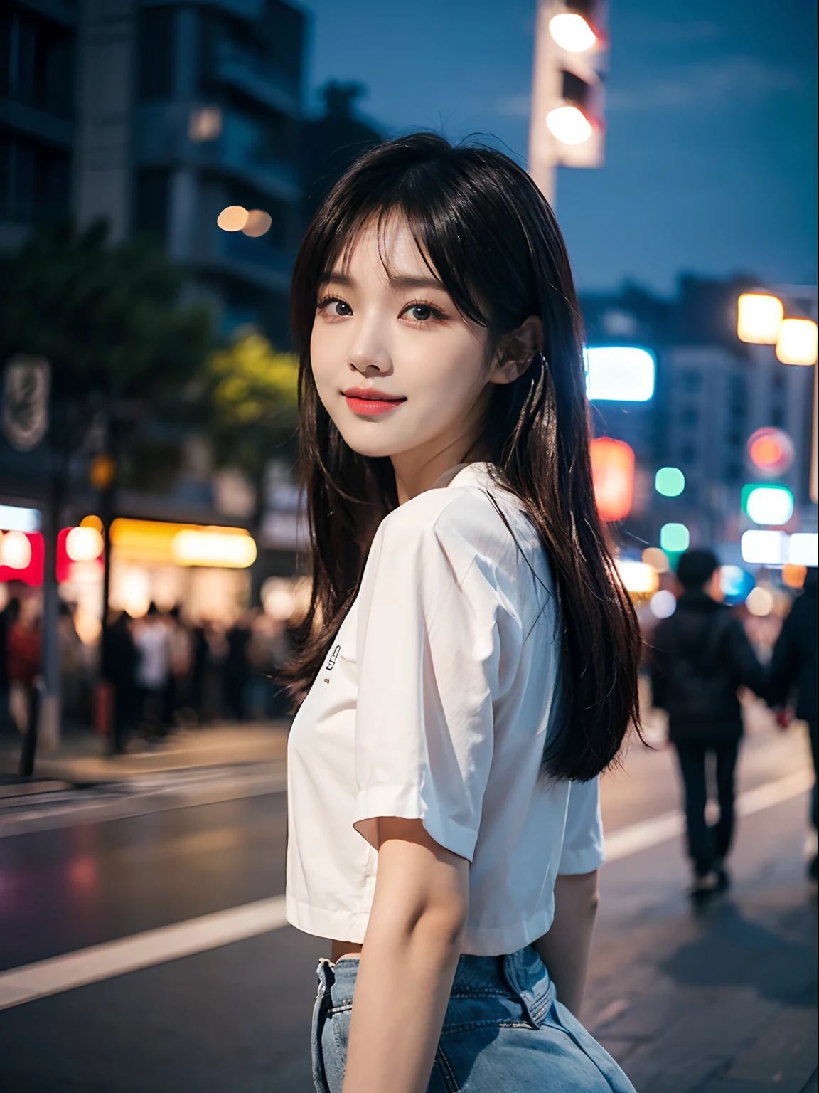 ((4K works))、masterpiece、(top-quality)、1 beutiful girl、Slim body、((Attractive clothes in black and white))、(Detailed beautiful eyes)、Walking together on the road at night、Face similar to Carly Rae Jepsen、((Boyish Brown Medium Hair))、((Smaller face))、((Neutral face))、((Light blue eyes))、((Korean Girl))、((26 year old adult woman))、((cool lady))、((A shy smile on his face))、((Korean Makeup))、((elongated and sharp eyes))、((Happy dating))、((boyish))、((She is walking in front of the viewer))、((Looking Up))、((shot from a side angle))