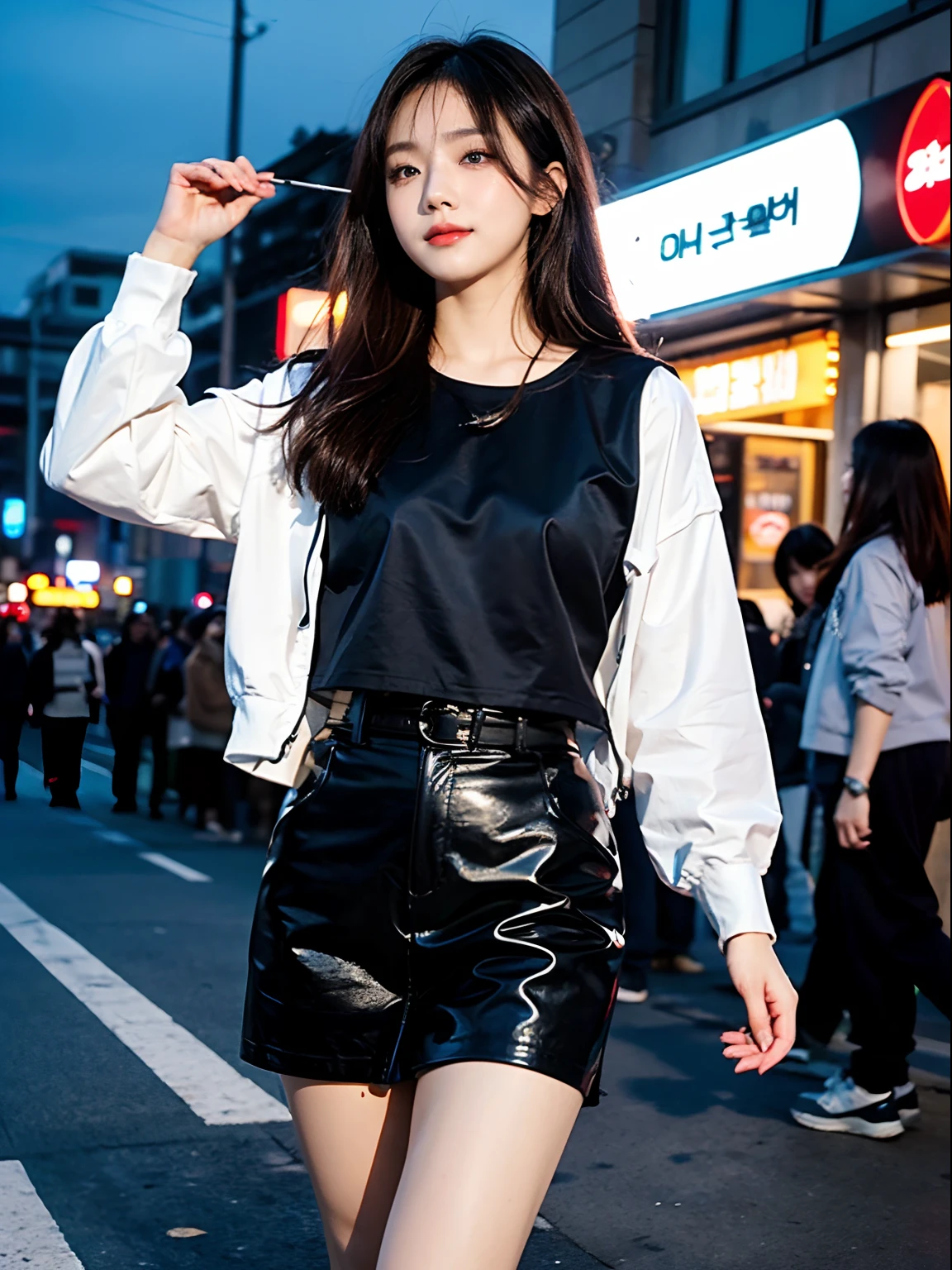 ((4K works))、masterpiece、(top-quality)、1 beutiful girl、Slim body、((Attractive clothes in black and white))、(Detailed beautiful eyes)、Walking together on the road at night、Face similar to Carly Rae Jepsen、((Boyish Brown Medium Hair))、((Smaller face))、((Neutral face))、((Light blue eyes))、((Korean Girl))、((26 year old adult woman))、((cool lady))、((A shy smile on his face))、((Korean Makeup))、((elongated and sharp eyes))、((Happy dating))、((boyish))、((She is walking in front of the viewer))、((Looking Up))、((shot from a side angle))