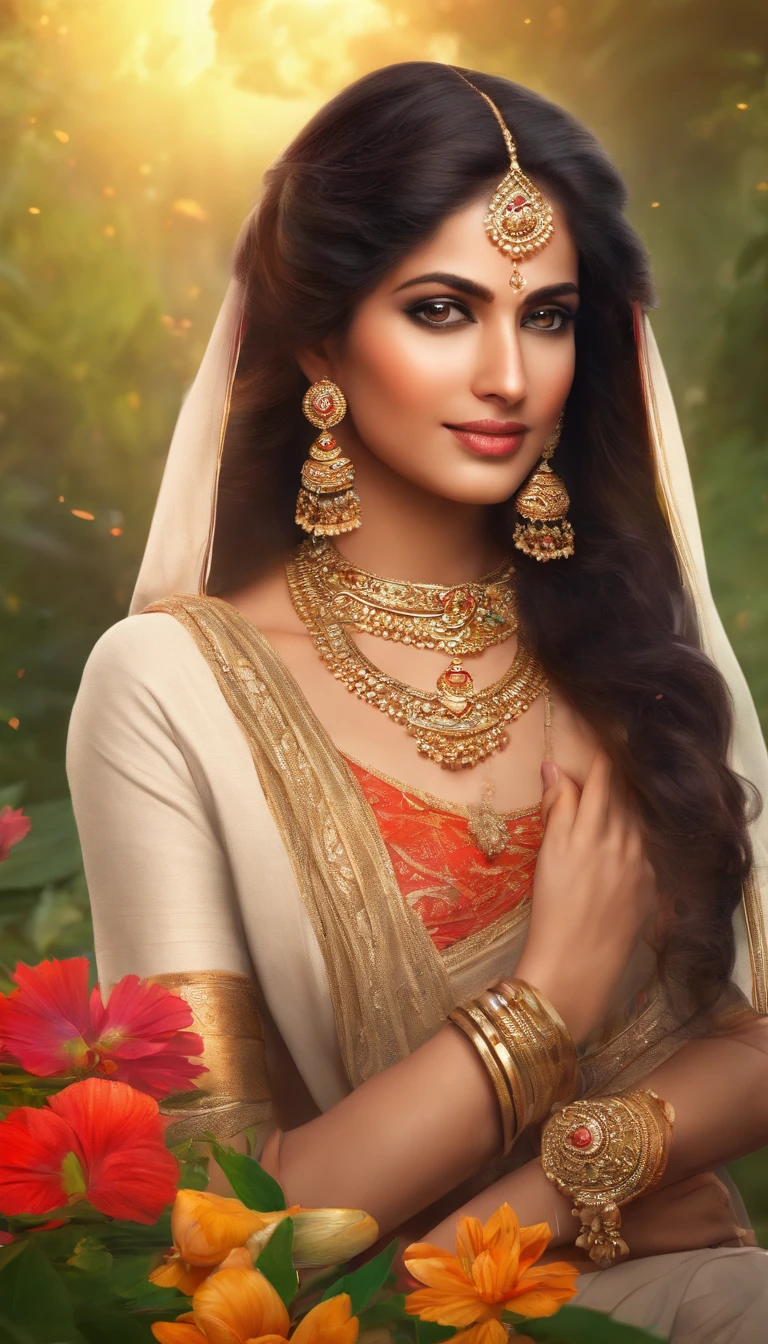 (Highest quality, High resolution, Super detailed, Realistic:1.37), Woman in typical Indian costume
