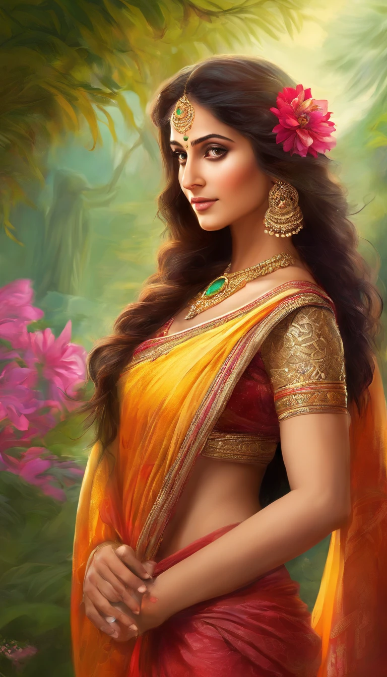 (high quality,4k,8k,highres,masterpiece:1.2),ultra-detailed,(realistic,photorealistic,photo-realistic:1.37),Indian female with a sexy figure,stunning beautiful eyes,full luscious lips,long dark hair flowing down,deep dusky skin,well-defined jawline and cheekbones,vibrant red traditional Indian saree outfit,fine golden jewelry adorning her neck and hands,traditional bindi on her forehead,poses with confident elegance,standing in a lush garden surrounded by vibrant flowers and tall trees,bathed in soft golden sunlight,expressing allure and charisma with her gaze and body language,creating a captivating and sensual atmosphere,artistic portrait showcasing the beauty and grace of Indian women.