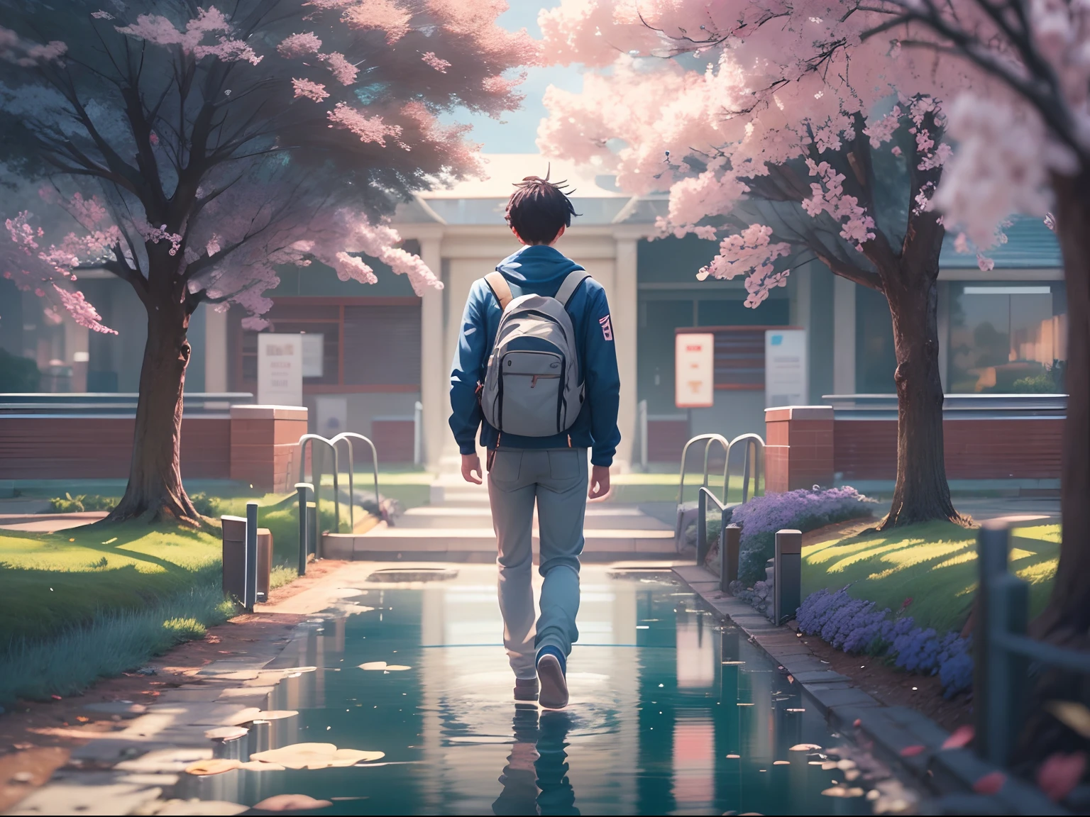 an university male student ,walk through the university campus, spring, (beautiful waterhole reflection), on the flag stone path, breeze blow ,(anime style), (cinematic lighting), (ray tracing), ((reflection light)), ((half-body-shot)), atmospheric perspective, masterpiece, accurate, ((best quality)), high quality, super detail, high details, anatomically correct, highRes, 1080p,