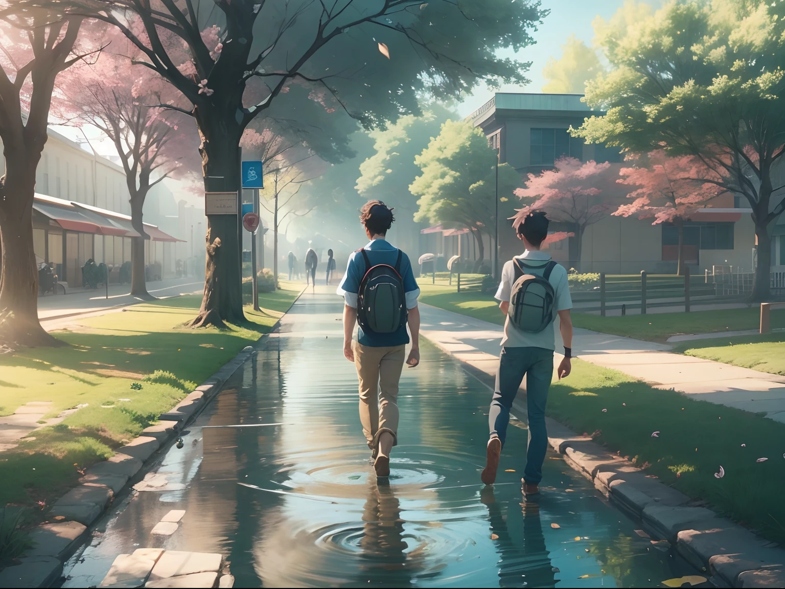 an university male student ,walk through the university campus, spring, (beautiful waterhole reflection), on the flag stone path, breeze blow ,(anime style), (cinematic lighting), (ray tracing), ((reflection light)), ((half-body-shot)), atmospheric perspective, masterpiece, accurate, ((best quality)), high quality, super detail, high details, anatomically correct, highRes, 1080p,