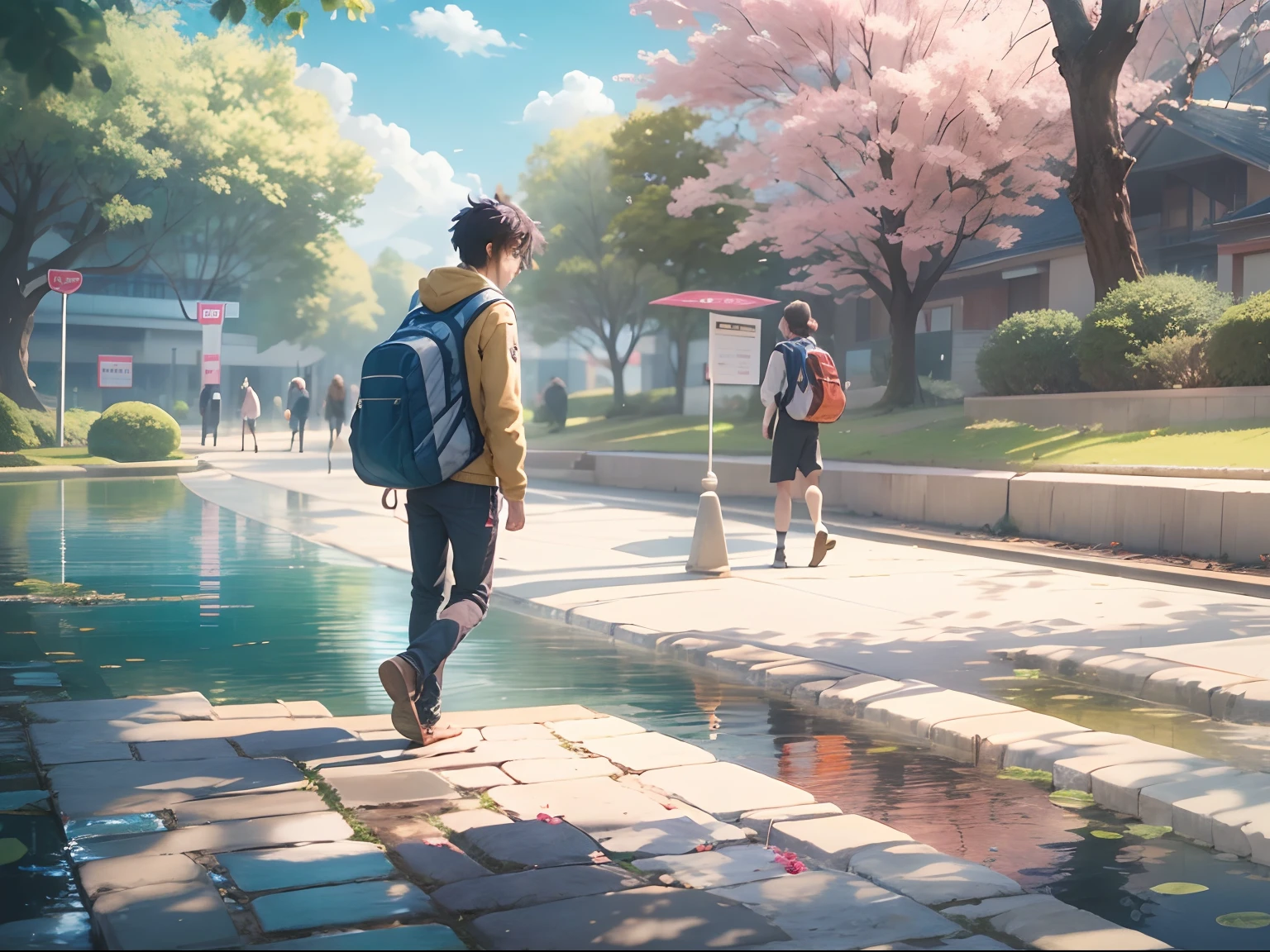 an university male student ,walk through the university campus, spring, (beautiful waterhole reflection), on the flag stone path, breeze blow ,(anime style), (cinematic lighting), (ray tracing), ((reflection light)), ((half-body-shot)), atmospheric perspective, masterpiece, accurate, ((best quality)), high quality, super detail, high details, anatomically correct, highRes, 1080p,