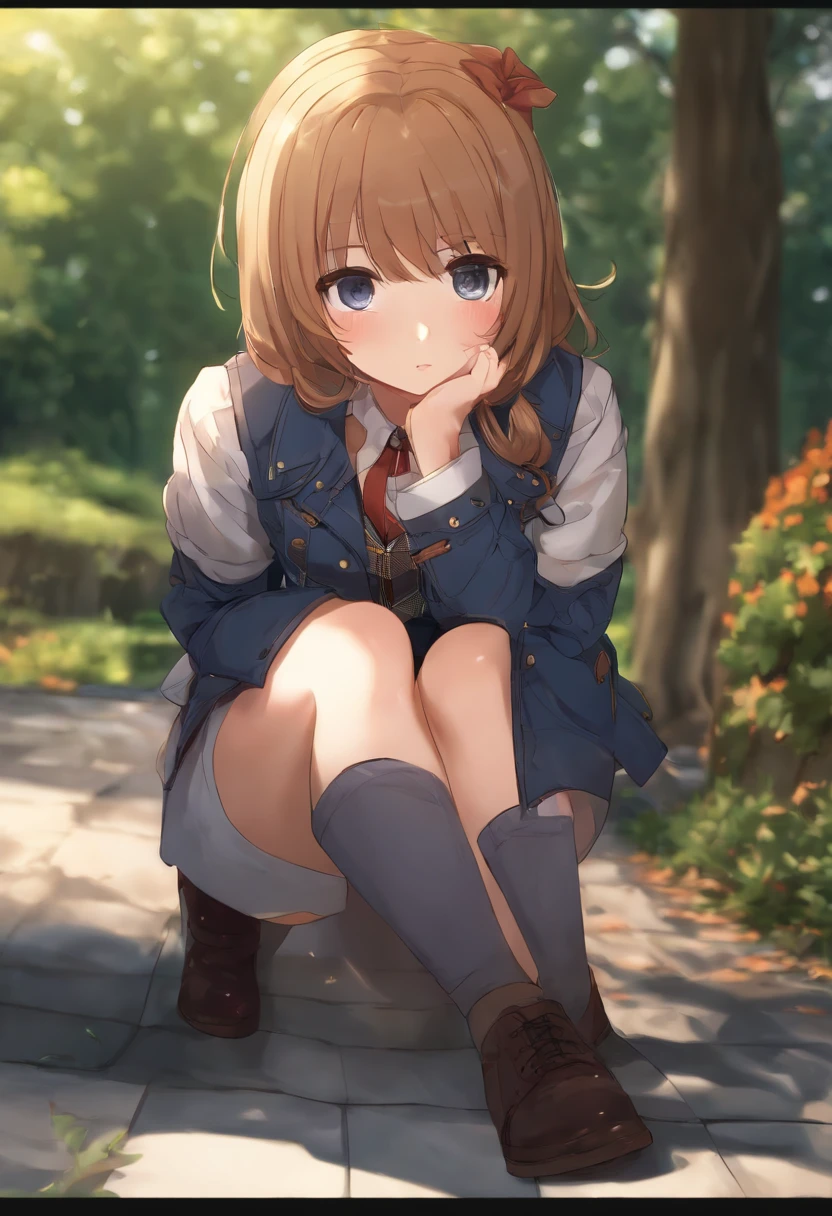 1girl in, Erina Nakiri, Kneeling, thighs thighs thighs thighs, Navy thighs, Jacket, plaid skirts, hand on the breasts, Outdoors, Anime_screen cap_erina