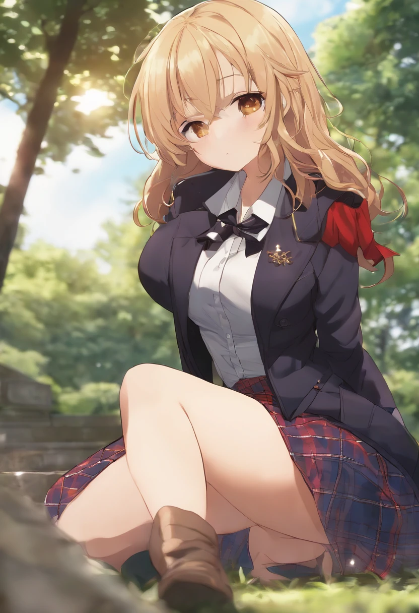 1girl in, Erina Nakiri, Kneeling, thighs thighs thighs thighs, Navy thighs, Jacket, plaid skirts, hand on the breasts, Outdoors, Anime_screen cap_erina