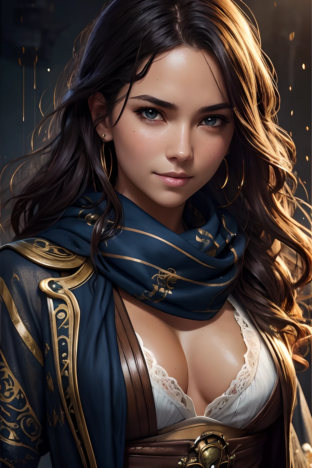 Charming gorgeous modern pirate. Attractive beautiful face, expressive alluring eyes, thick wavy hair, gentle smile, tan skin, dark blue clothes with subtle golden pattern and scarf. Intricate details, complex background, natural lighting, closeup shot. Misty and foggy, water splatter and dripping on screen, HD,  
Art by beeple, Coby Whitmore, RossDraws, WLOP,