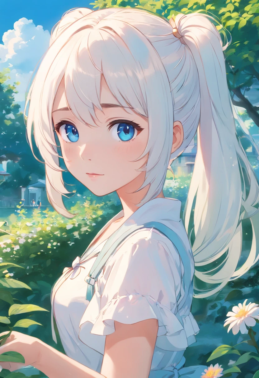 white color hair,Double ponytail curls,blue color eyes,White Lolita,Beth,A garden, cute face, looking at viewer
