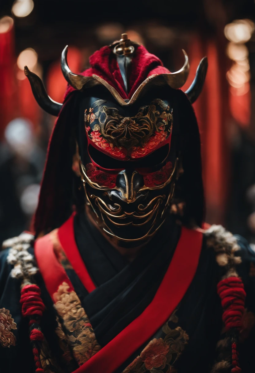 a ninja with a Japanese oni mask, com uma roupa preta, menacingly