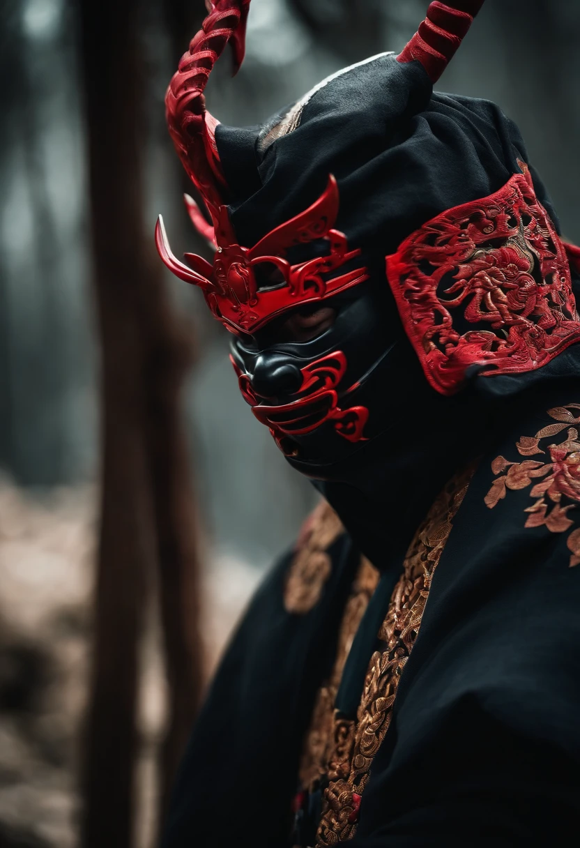 a ninja with a Japanese oni mask, com uma roupa preta, menacingly