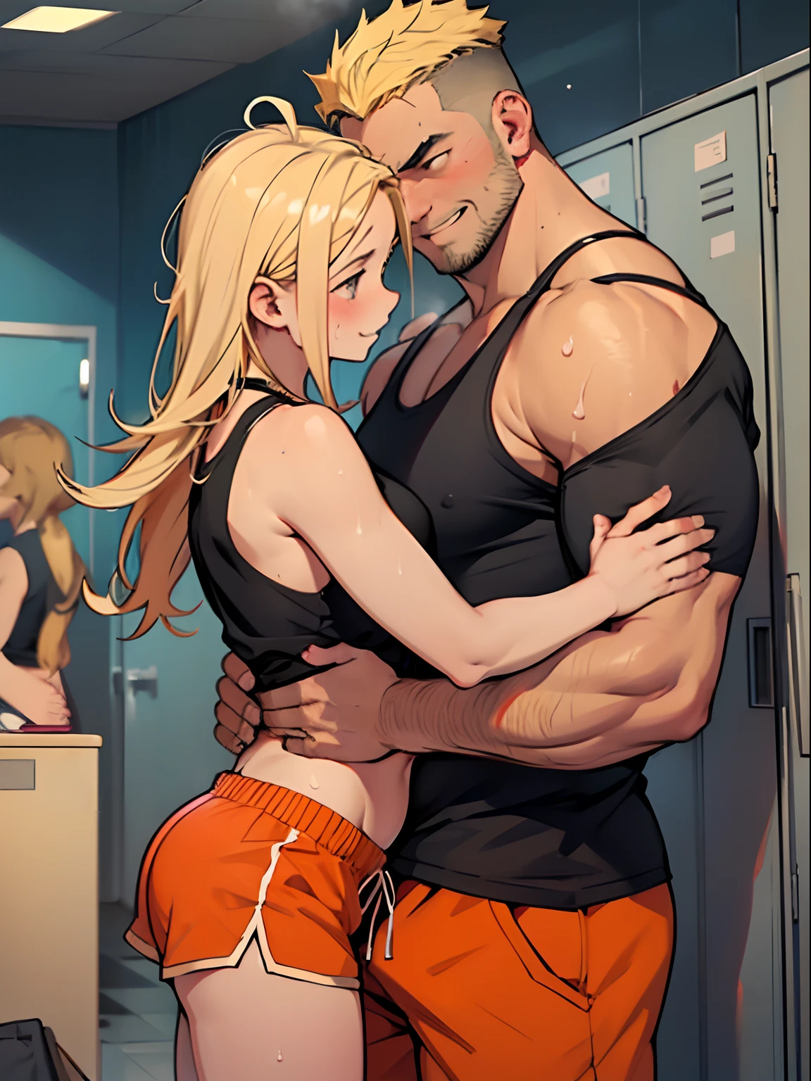 NSFW,​masterpiece,top-quality,Girl carrying shoulders to fat big man,Girl hugging a guy:1.2,Cross your shoulders,stare at each other,(Petite girl with blonde hair,shorth hair,flat chest,Navel Ejection、Black tank top、Girl in orange shorts,A shy girl,Red face),(Sweating,Steaming:1.2),Uncle carrying a girl on his back:1.2,(Fat Faced Man,Man in shorts,Grinning),Hearts fly,Locker Room