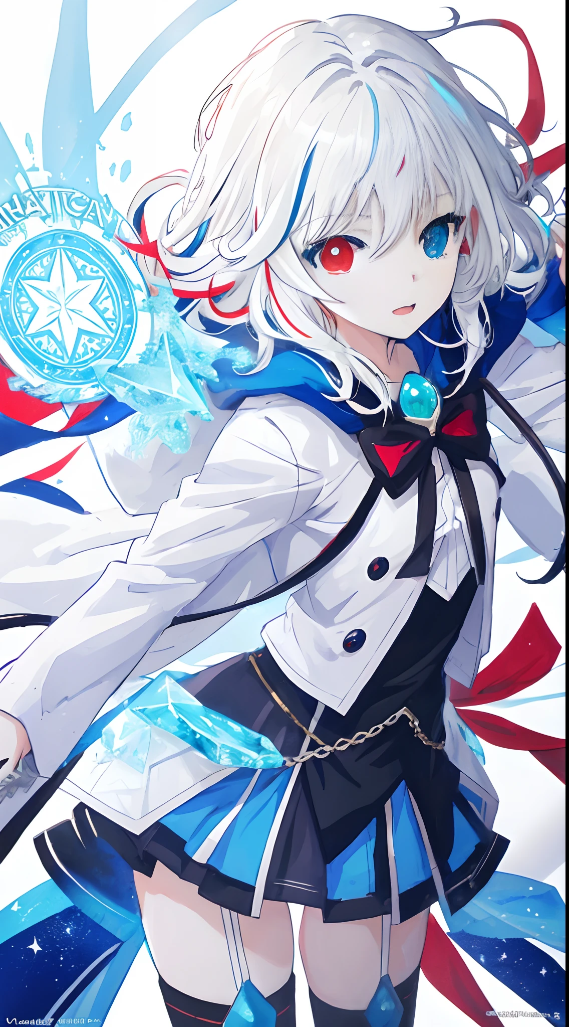 anime girl with long white hair holding a ice sword, ice magic circle, best anime 4k konachan wallpaper, white haired deity, art, anime art wallpaper 8 k, anime style 4 k, ufotable art style, detailed anime art, anime art wallpaper 4 k, anime art wallpaper 4k, white haired, anime wallaper, (((heterochromia, blue and red eyes)))