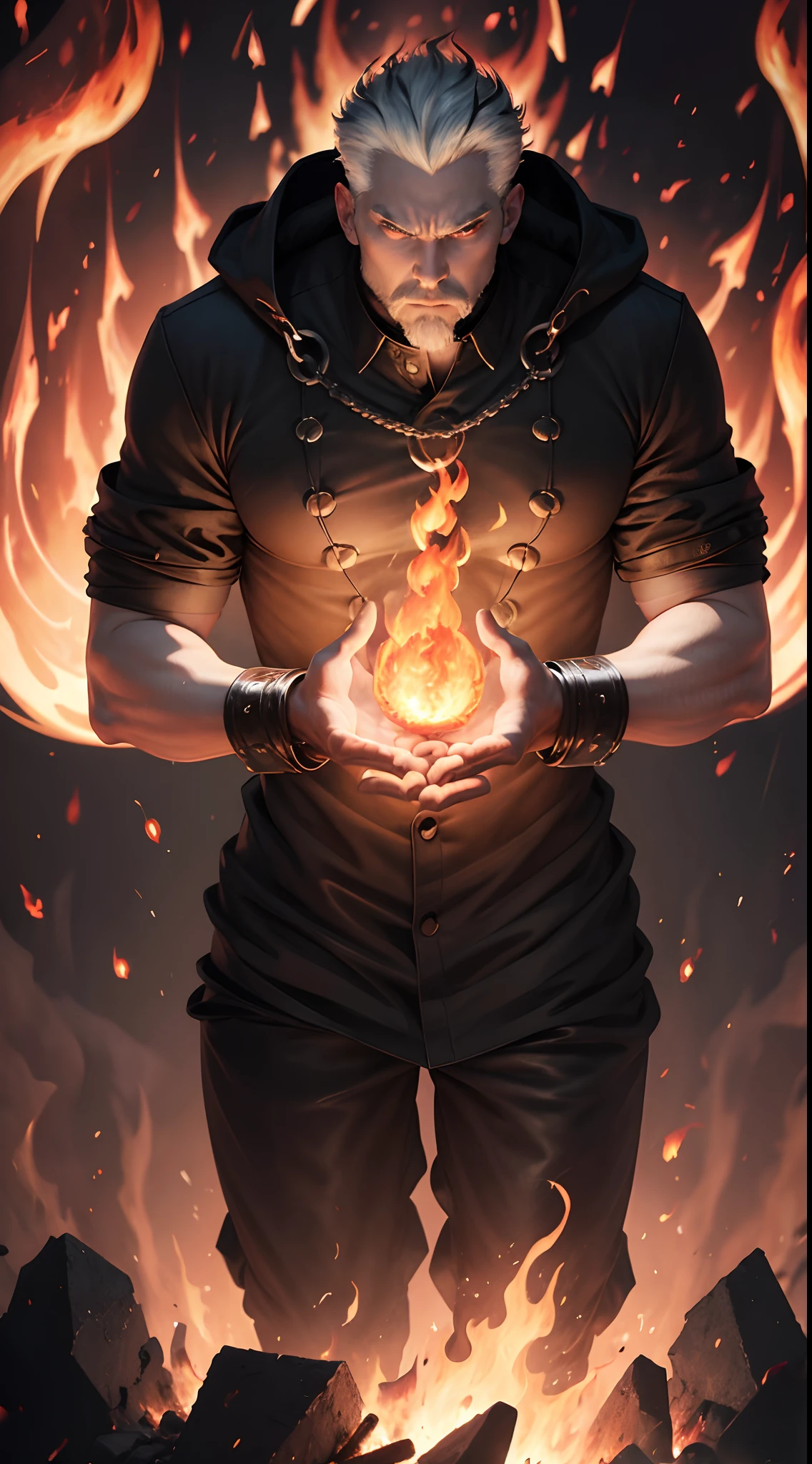 Inside a hut, there is a brazier, (( A man is crouched next to the brazier with a large bundle of Hades coins in front of him, the man is holding the Hades money into the fire to burn)) Hades money, paper Hades money masterpiece, high quality, best quality, beautiful, HD, realistic, perfect lighting, detailed face, detailed body, 1 man, (white hair), red eyes, masculinity, (savage), black t-shirt, jeans, 4k, 8k, 16k