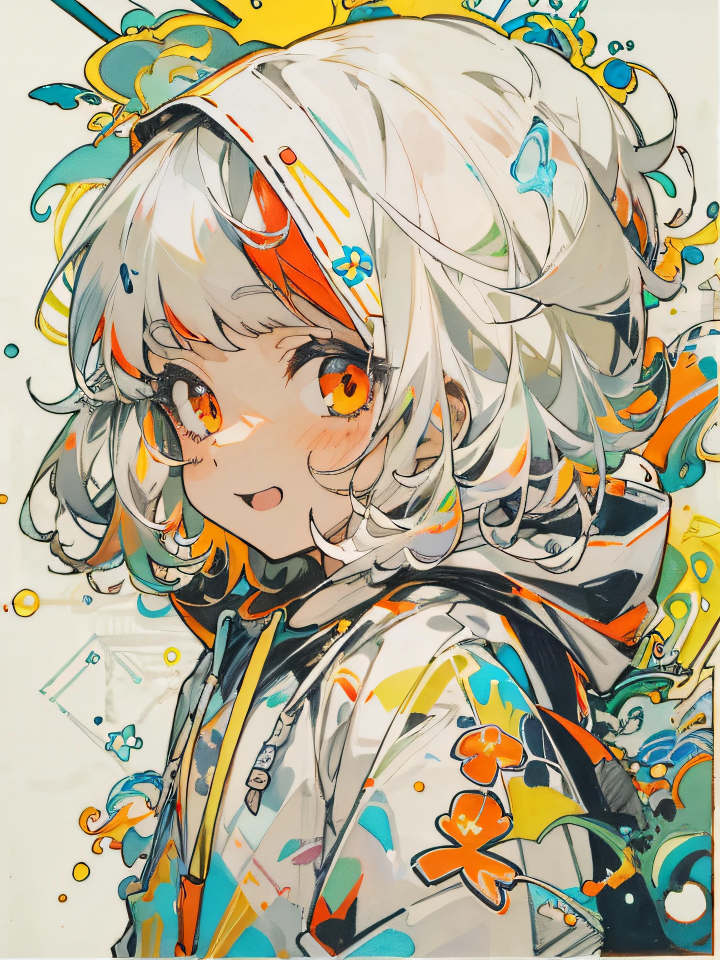 masterpiece, ultra-high quality, ( ultra detailed original illustration), ((chibi mode)),( joyful facial expression, red eye, short hair, white hair, sunny smile, upper body, perfect body), ((street wear,hoodie fashion)), ((flowers sakura)(graffiti)), double exposure, fussion of fluid abstract art, glitch, ( 2d), ( original illustration composition), ( fusion of limited color, maximalism artstyle, geometric artstyle, fire, junk art), yellow theme, background black