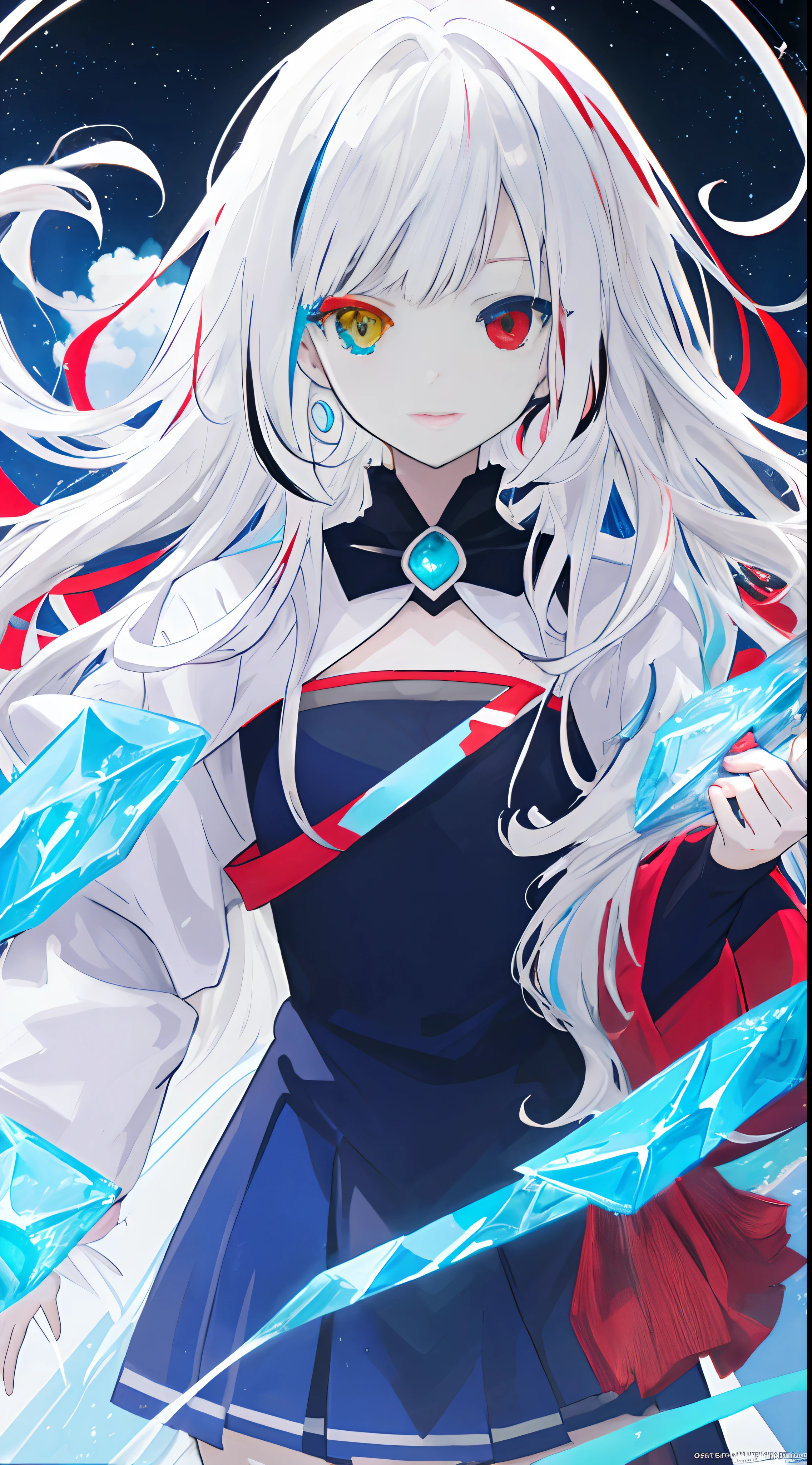 anime girl with long white hair holding a ice sword, ice magic circle, best anime 4k konachan wallpaper, white haired deity, art, anime art wallpaper 8 k, anime style 4 k, ufotable art style, detailed anime art, anime art wallpaper 4 k, anime art wallpaper 4k, white haired, anime wallaper, (((heterochromia, blue and red eyes)))