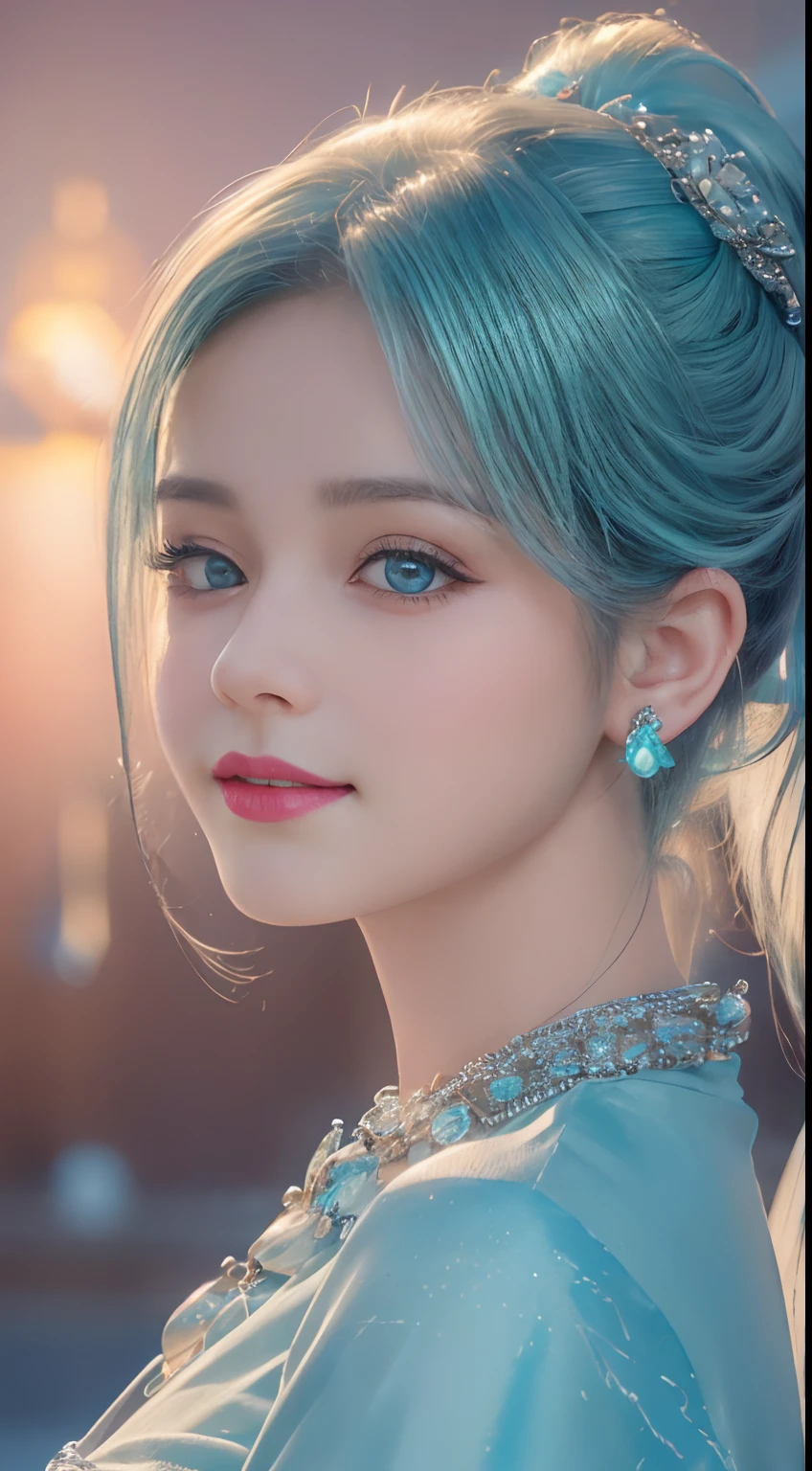 poneyTail, Snow Peak Pavilion, hair pin, colored contact lenses(Shelley Gregg), aqua eyes, nedium breasts, smiley, jewely(Earring), Modern, Chiaroscuro, Cinematic lighting, NIKON, 85 mm, High quality, 8K, Best Quality, Super Detail