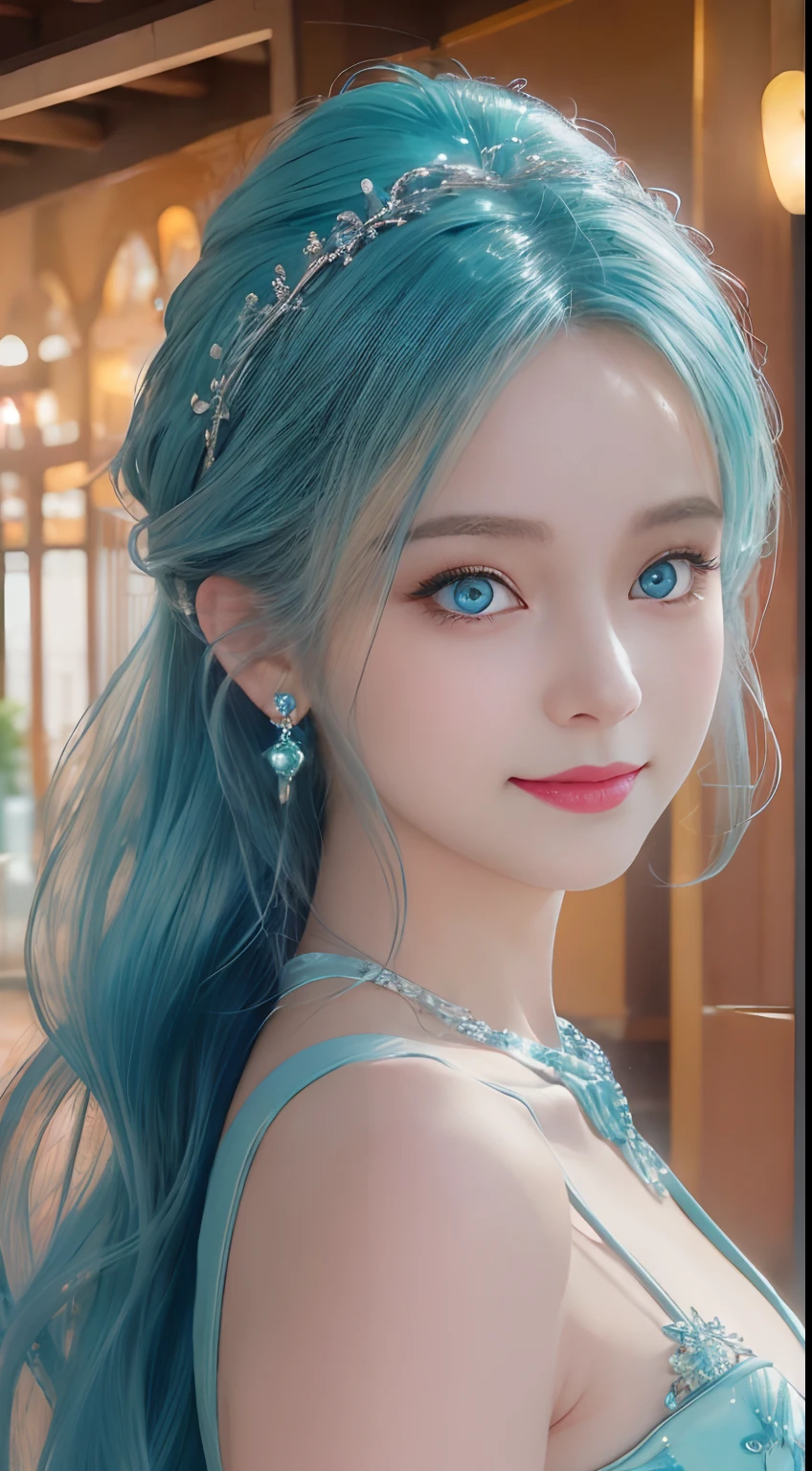 poneyTail, Snow Peak Pavilion, hair pin, colored contact lenses(Shelley Gregg）, aqua eyes, nedium breasts, smiley, jewely（Earring）, Modern, Chiaroscuro, Cinematic lighting, NIKON, 85 mm, High quality, 8K, Best Quality, Super Detail