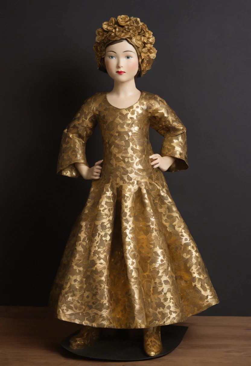A girl wearing a long brass brocade dress