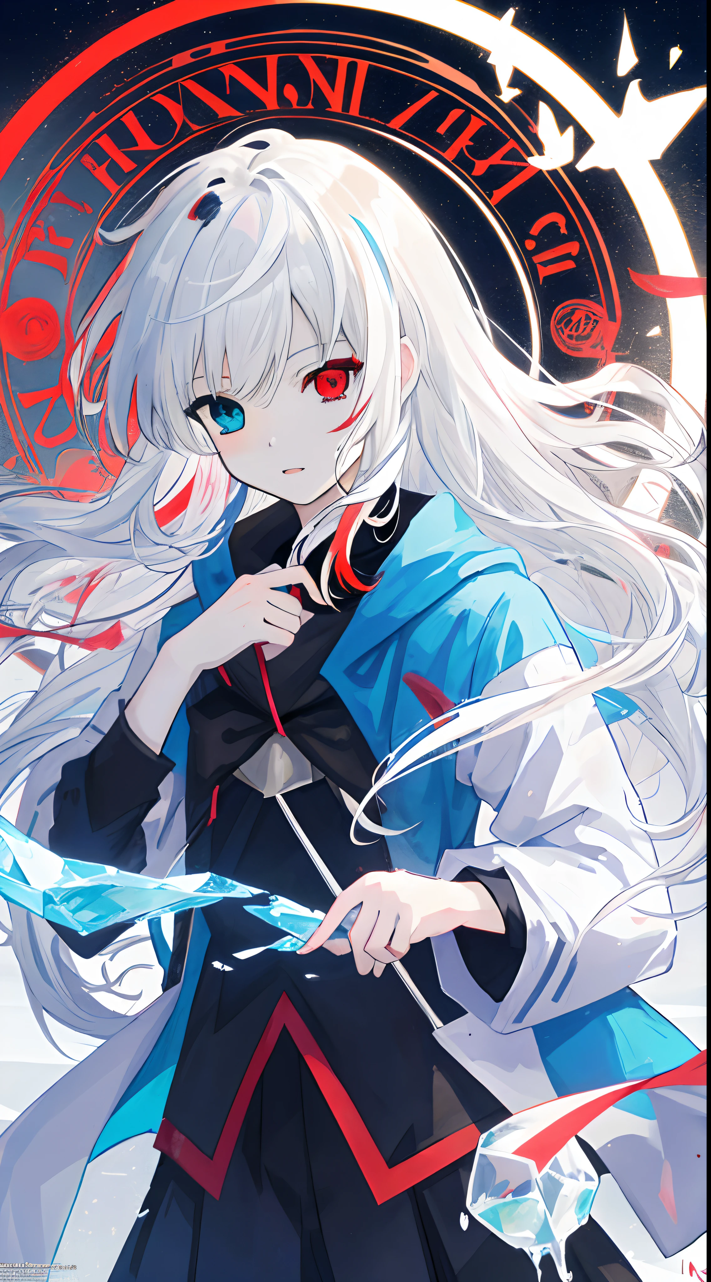 anime girl with long white hair holding a ice sword, ice magic circle, best anime 4k konachan wallpaper, white haired deity, art, anime art wallpaper 8 k, anime style 4 k, ufotable art style, detailed anime art, anime art wallpaper 4 k, anime art wallpaper 4k, white haired, anime wallaper, (((heterochromia, blue and red eyes)))