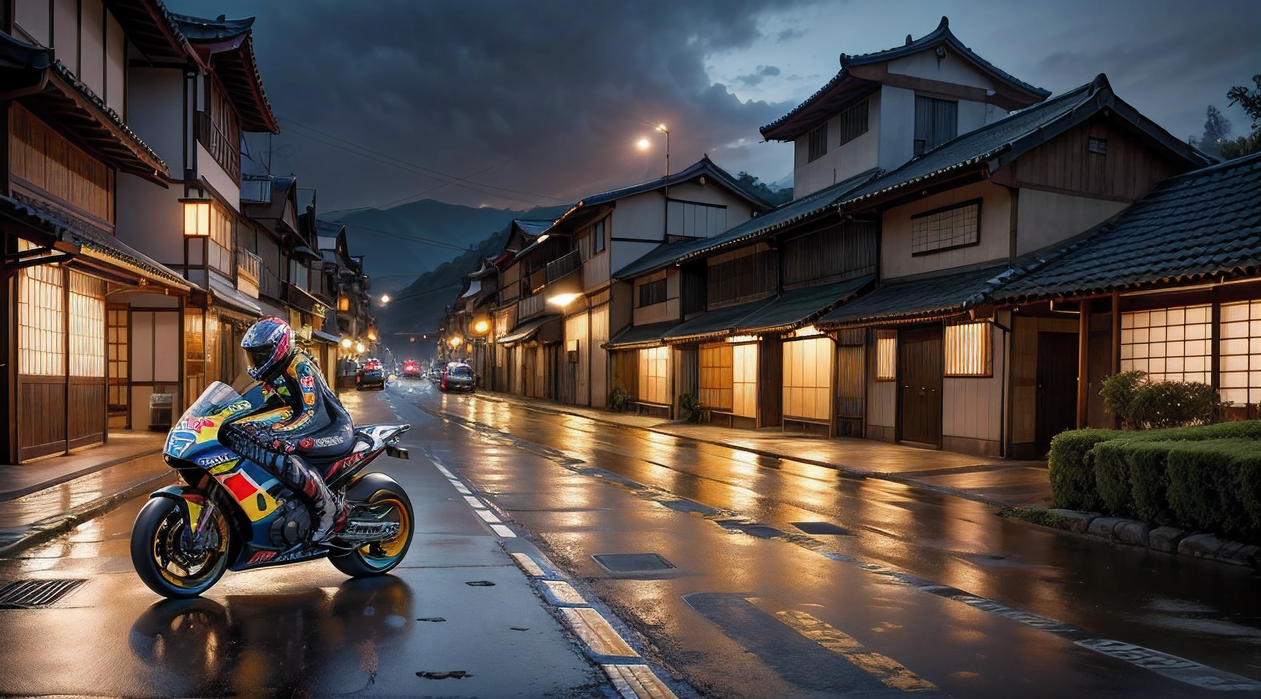 Aerial view of a village with lights, vila chinesa, paper awesome wallpaper, cidade japonesa, vila japonesa, foto hiper realista de uma cidade, old asian village, cidade japonesa, noite chuvosa , Cyberpunk Chinese Ancient Castle, beautifully lit buildings, at evening during rain, fotografia, cinemactic, 8k, alto detalhado, MotoGP, Racing, motorcycle, marc marquez, rossi