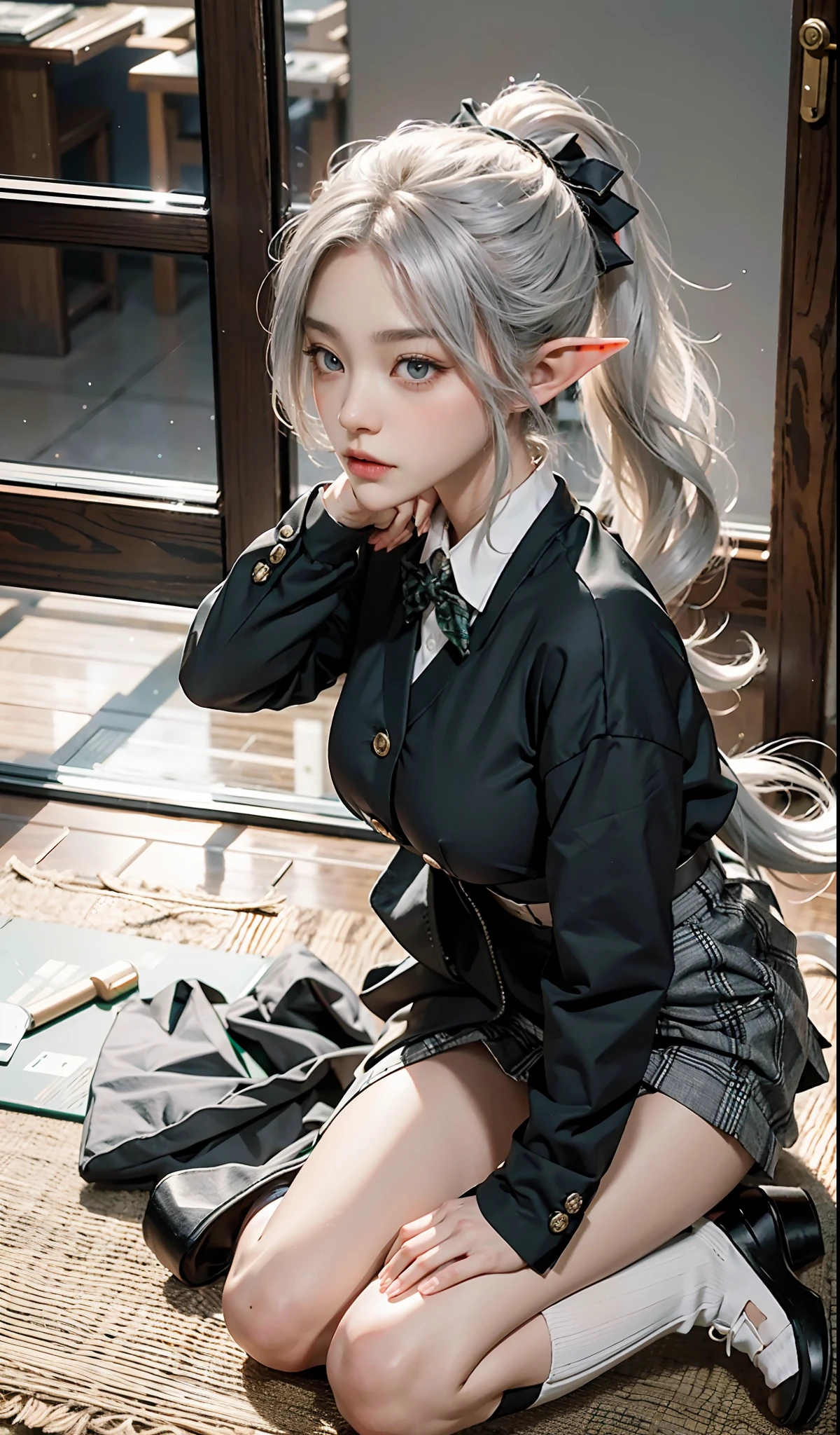 (Extremely normal body)Japanese-style town:1 Elf beauty,JK school uniform,(Elf long ears),Short silver-white hair,Half-tied ponytail。Uniform for female high school students),Short plaid skirt,Black socks, Black socks,black sock,slippers,Jade foot , very detailed eyes and faces, Sharp pupils, realistic pupil, tack sharp focus, cinmatic lighting,full bodyesbian,Bigboobs,long leges,From the front side,dynamicposes,Normal posture,closeup of face