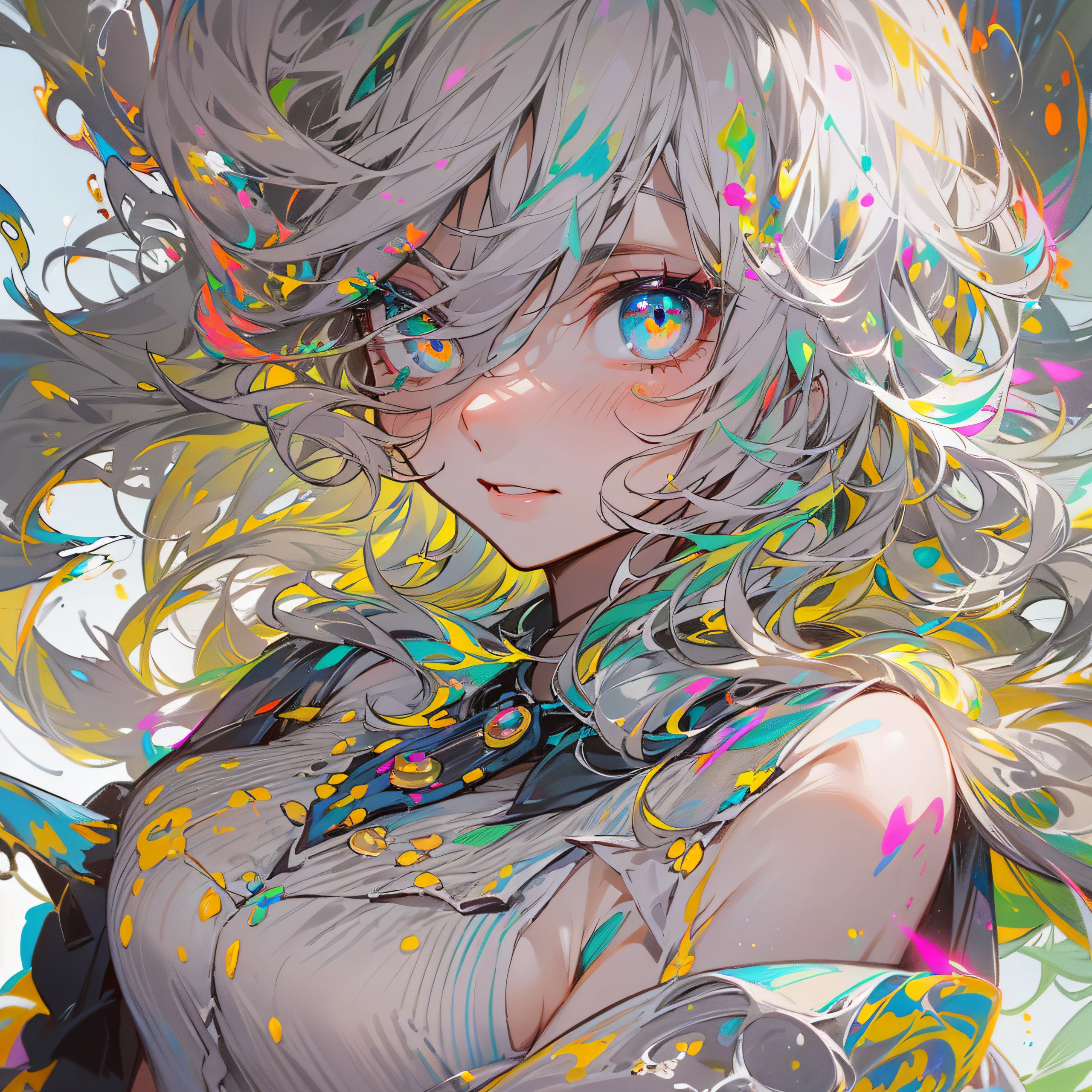 (((Masterpiece))),(((Best quality))),((Ultra-detailed)),(illustration),(Dynamic Angle), ((Floating)),(Paint),((Disheveled hair)), (Solo),(1girll), ((small_Breasts)), (((Detailed anima face))),((Beautiful detailed face)),Collar,Bare shoulders,  White hair, ((Colorful hair)),((Striped hair)), Beautiful detailed eyes,(Gradient color eyes),(((Colorful eyes))), (((Colorful background))),(((High saturation))),(((Surrounded by colorful splashes))),(((surrounded by colorful dot))),colorful bubble,((Shining))