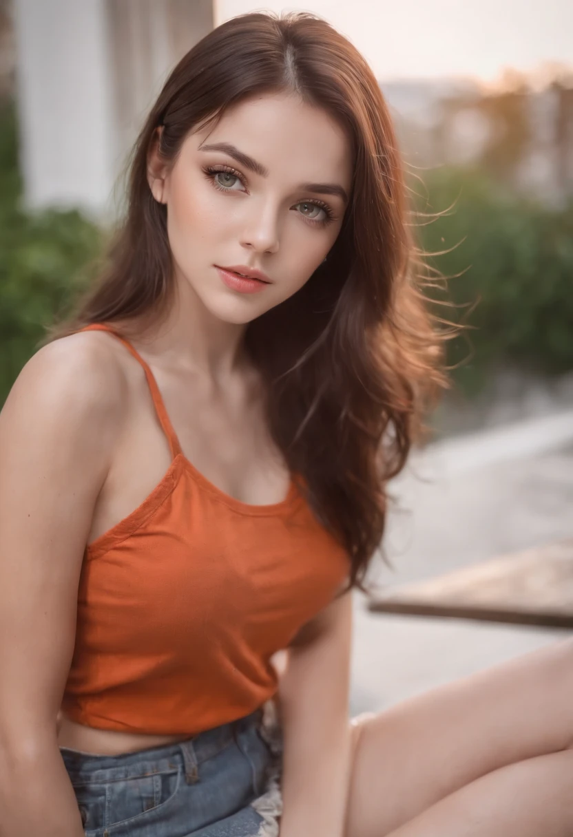 arafed woman with a red tank top and a necklace, sharing drinks with friends, sexy girl with green eyes, portrait sophie mudd, brown hair and large eyes, selfie of a young woman, bedroom eyes, violet myers, without makeup, natural makeup, looking directly at the camera, face with artgram, subtle makeup, stunning full body shot, piercing green eyes, beautiful angle, attractive pose, cute girl, brunette goddess, high detail, satisfied pose, wearing orange boots, skirt, small mole on the left side of her chest, light freckles on her face