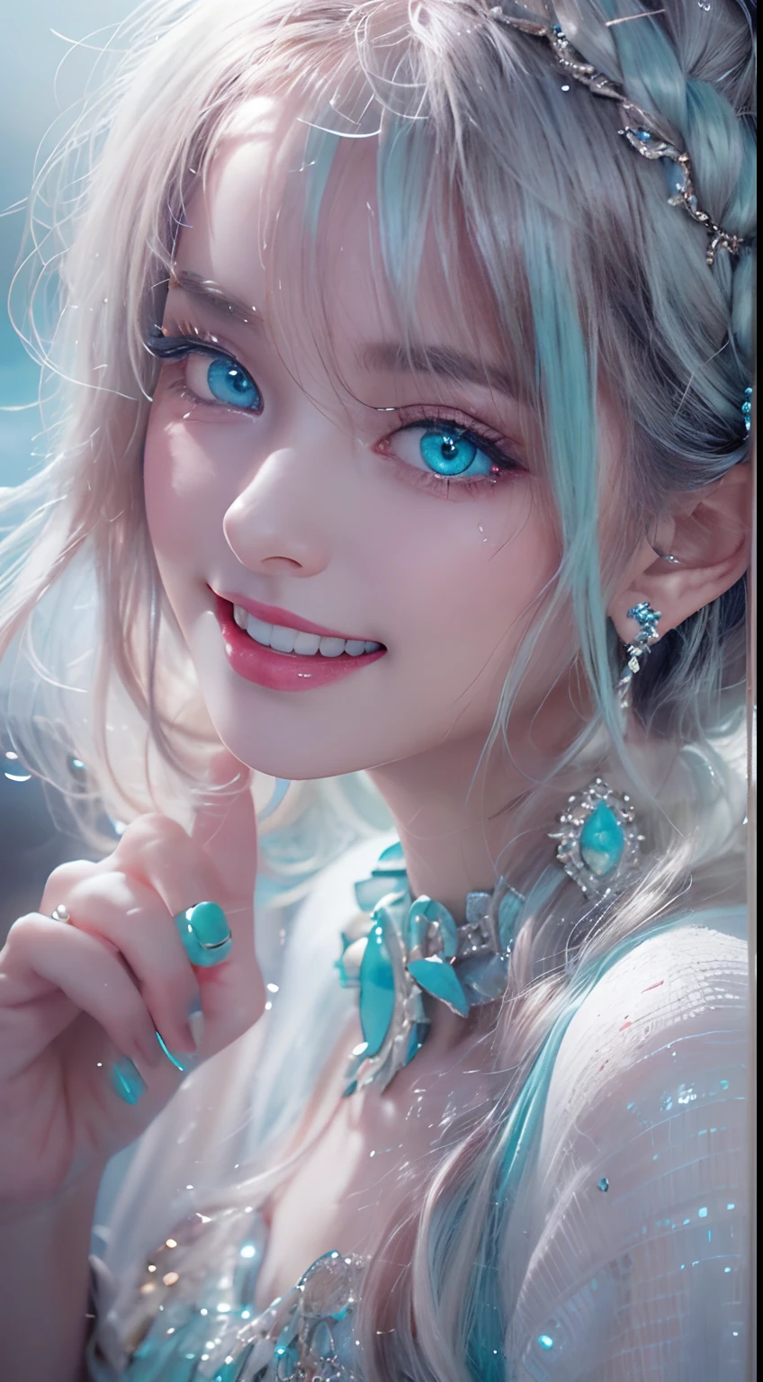 poneyTail, Snow Peak Pavilion, hair pin, colored contact lenses(Shelley Gregg）, aqua eyes, nedium breasts, smiley, jewely（Earring）, Modern, Chiaroscuro, Cinematic lighting, NIKON, 85 mm, High quality, 8K, Best Quality, Super Detail