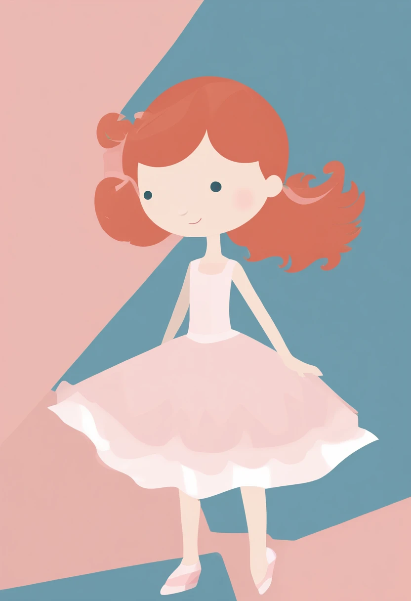A six year old daughter with light red hair and light brown eyes wearing a pink and blue ballerina dress