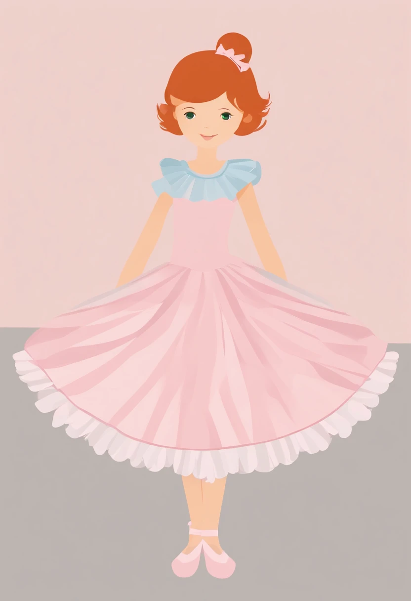 A six year old daughter with light red hair and light brown eyes wearing a pink and blue ballerina dress