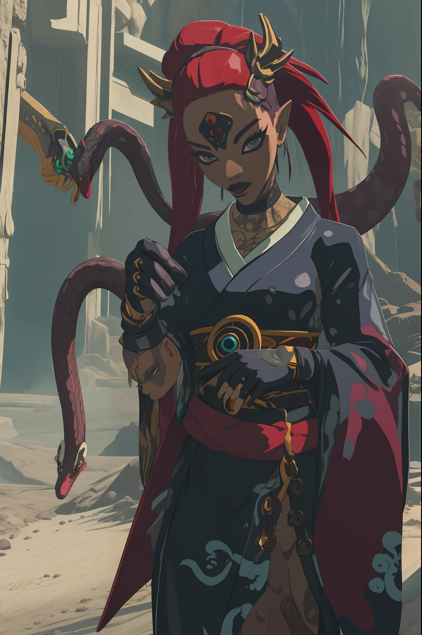 traditional japanese emp eldritch horror geisha Anthropomorphic savage geshia skinhead, hairgoth, emo goth spikey fashion shoot editorial style, Hypebeast ultra fast fashion gang signs with goth emo accessories slithery slimey long snake tongue tongue out botw style