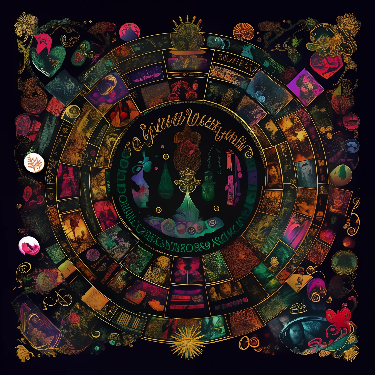 Digital art, black background with several Spotify icons of the same size, with the symbols in the middle of the image with a blurred effect